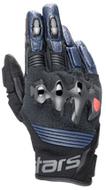 Alpinestars Halo Leather Gloves, motorcykelhandskar, mörkblå och svarta, med överinjicerat knogskydd, perforerade läderfingrar, meshpaneler för ventilation och kort manschettdesign med Alpinestars-branding