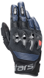 Alpinestars Halo Leather Gloves, motorcykelhandskar, mörkblå och svarta, med överinjicerat knogskydd, perforerade läderfingrar, meshpaneler för ventilation och kort manschettdesign med Alpinestars-branding