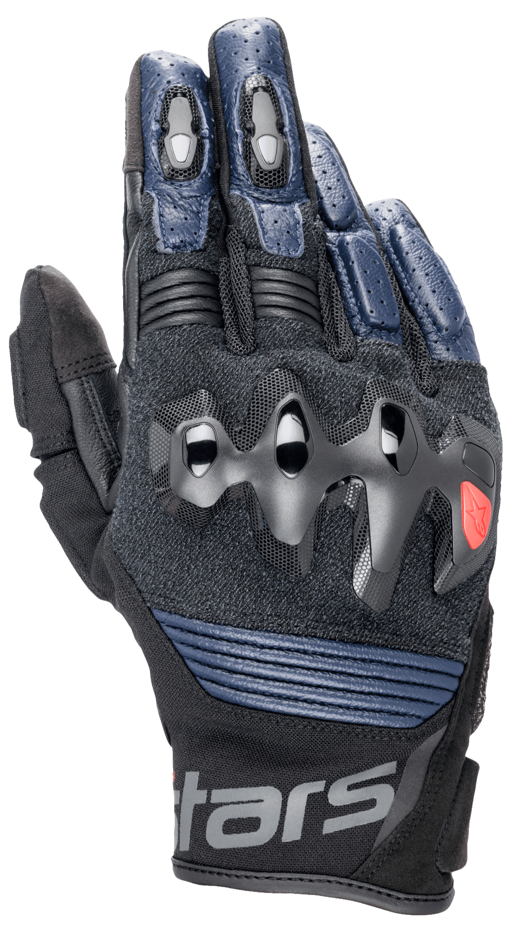 Alpinestars Halo Leather Gloves, motorcykelhandskar, mörkblå och svarta, med överinjicerat knogskydd, perforerade läderfingrar, meshpaneler för ventilation och kort manschettdesign med Alpinestars-branding