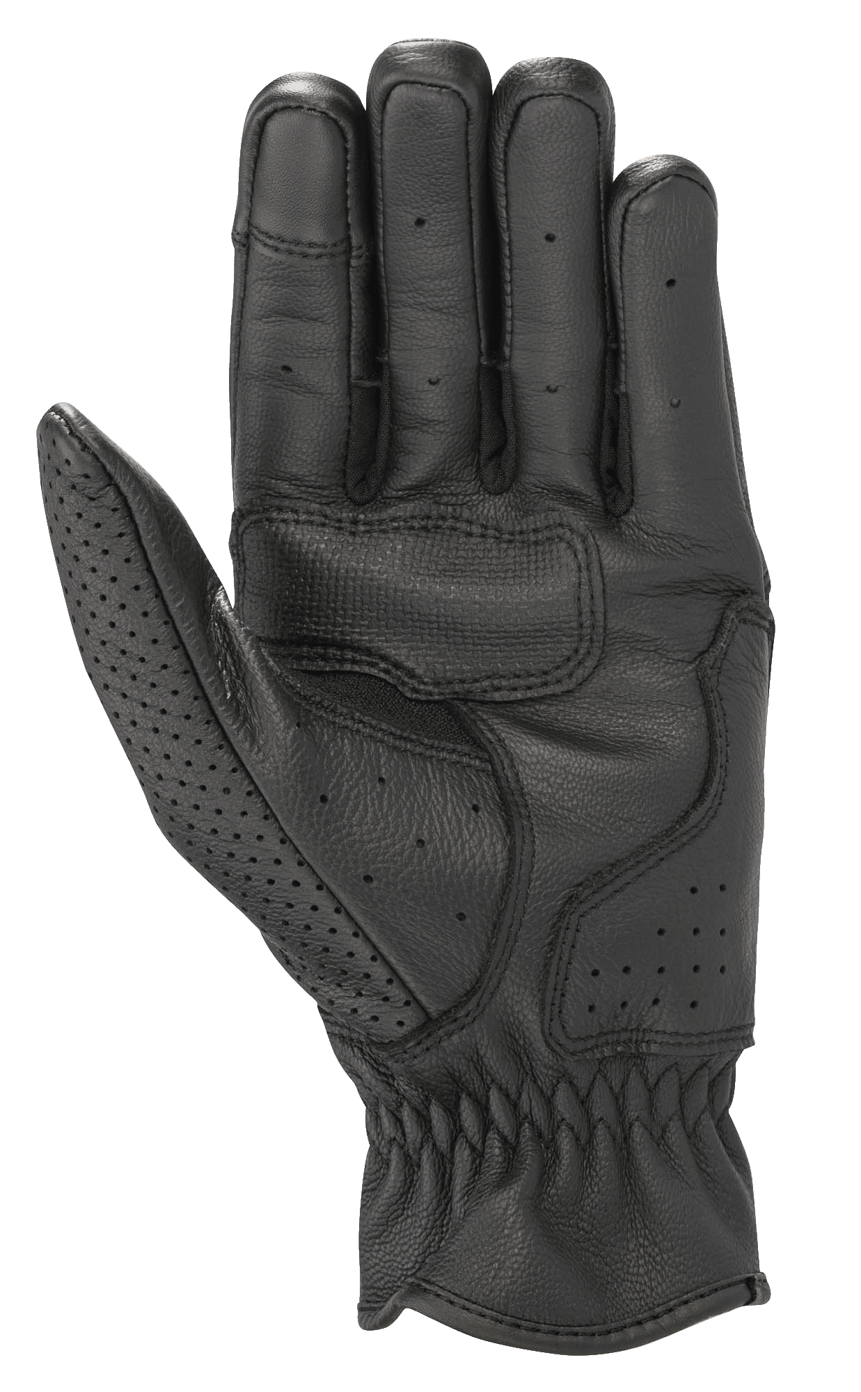 Alpinestars Rayburn V2 Leather Gloves, Black, Palm View, premium leather construction with palm reinforcement for grip, localized perforations on fingers and thumb, heritage-inspired urban motorcycle gloves