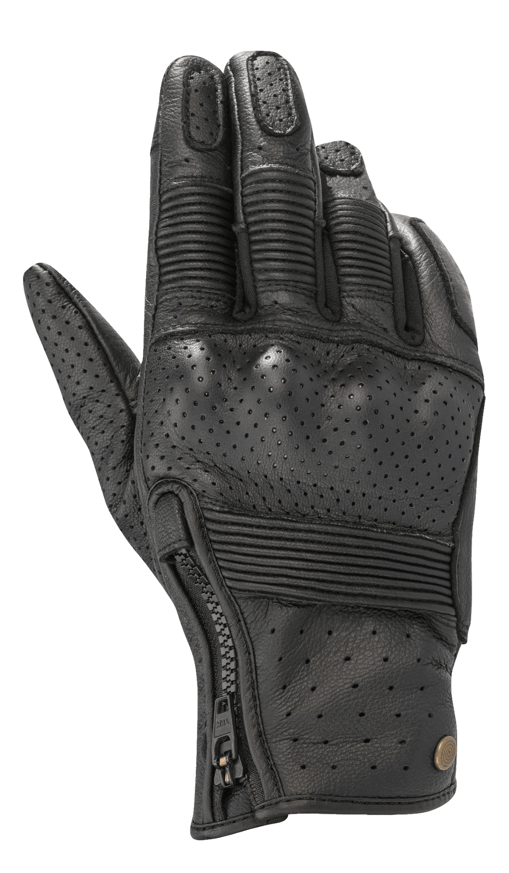 Alpinestars Rayburn V2 Leather Gloves, Black, urban motorcycle gloves with perforated leather construction, ribbed accordion inserts on fingers and backhand, side zipper closure, and heritage-inspired styling.