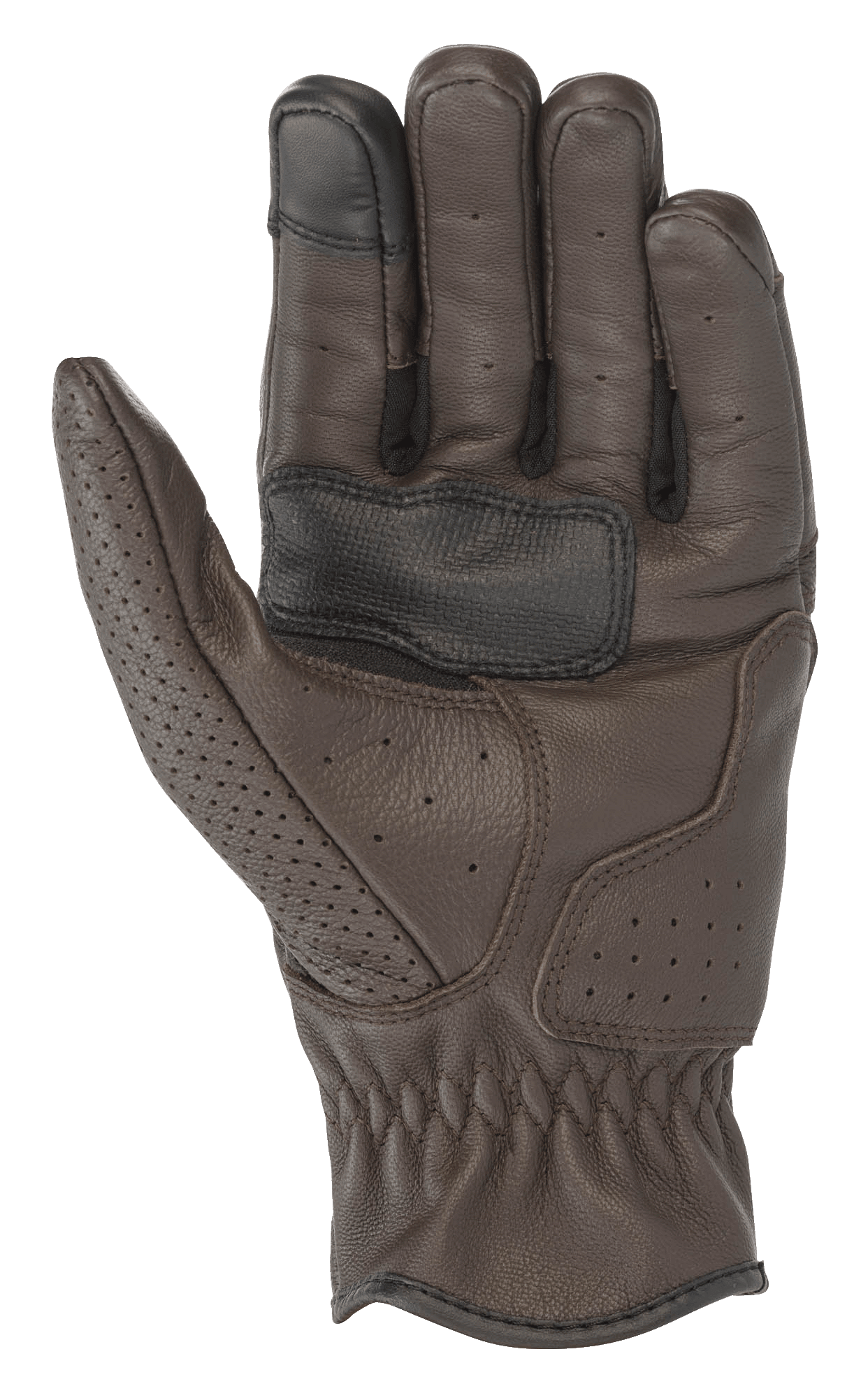 Alpinestars Rayburn V2 Leather Gloves, Tobacco Brown, Palm View, premium leather construction with localized perforations, reinforced palm for grip, and touchscreen-compatible fingertip, heritage-inspired urban motorcycle gear