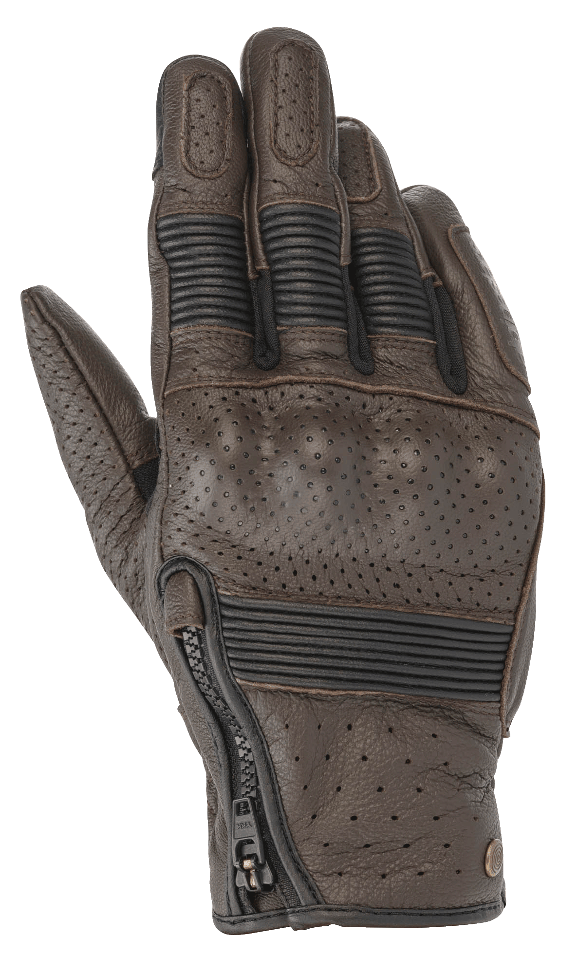 Alpinestars Rayburn V2 Leather Gloves, Tobacco Brown, heritage-inspired leather motorcycle gloves featuring perforated panels, covered hard knuckle protection, accordion stretch inserts on fingers, and a side zipper closure.