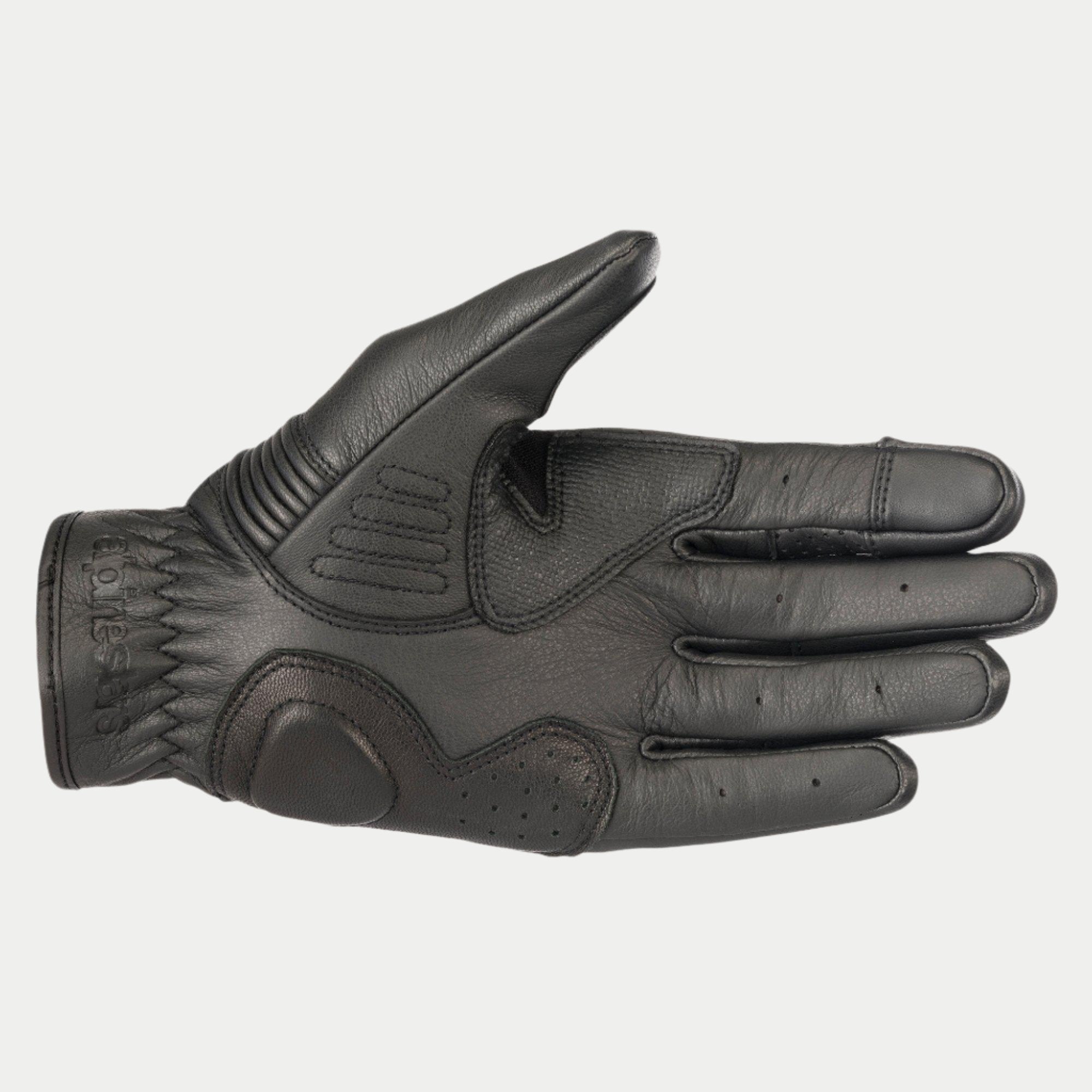 Alpinestars Crazy Eight-handskar, motorcykelhandskar, svarta, vy av handflatan som visar förstärkt läderkonstruktion, texturerade greppaneler på handflata och tumme, och präglad logotyp på handledsmanschetten