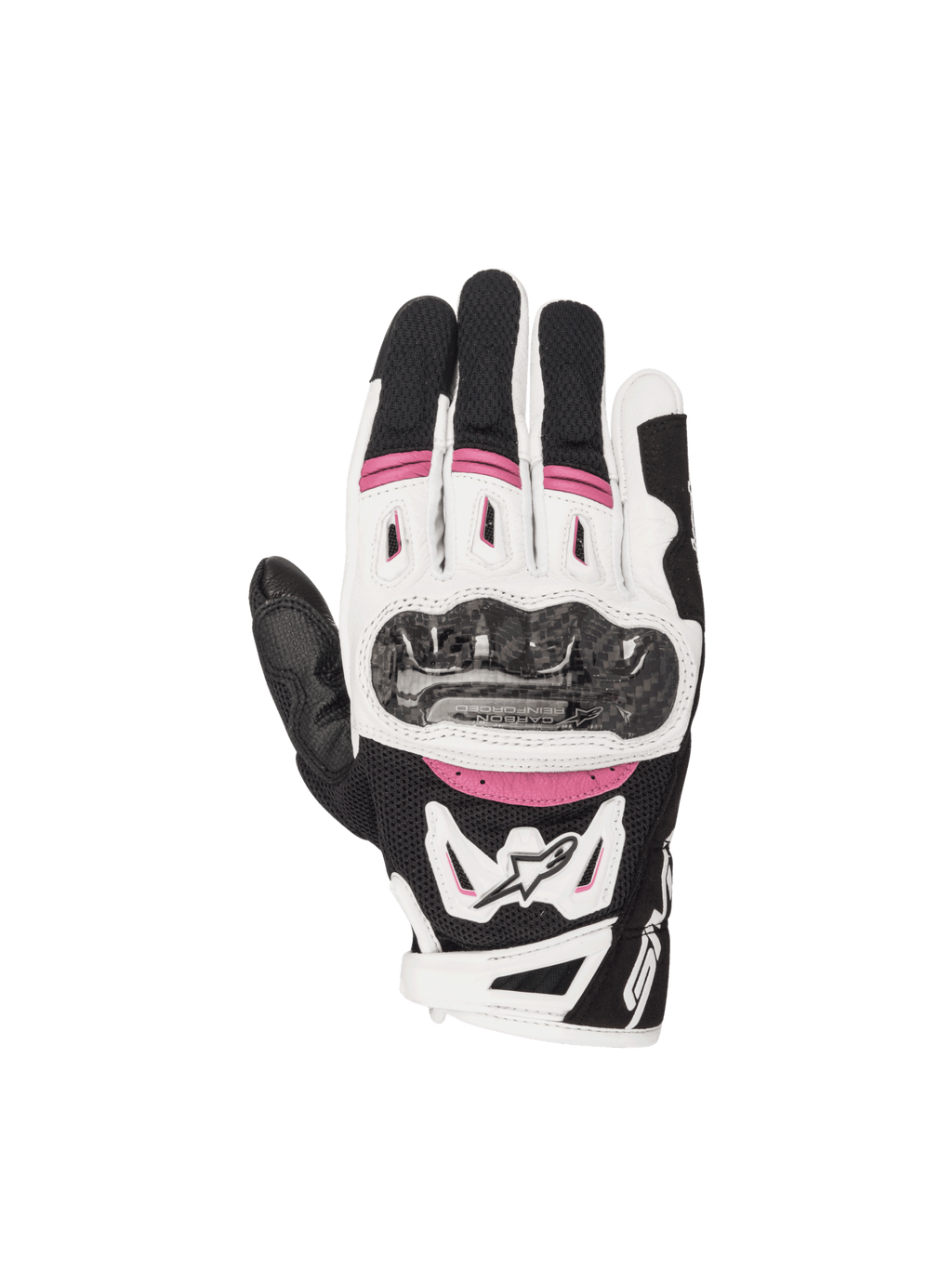Alpinestars Stella SMX-2 Air Carbon V2 damhandskar, svarta och vita med fuchsia-detaljer och kolfiberknogskydd