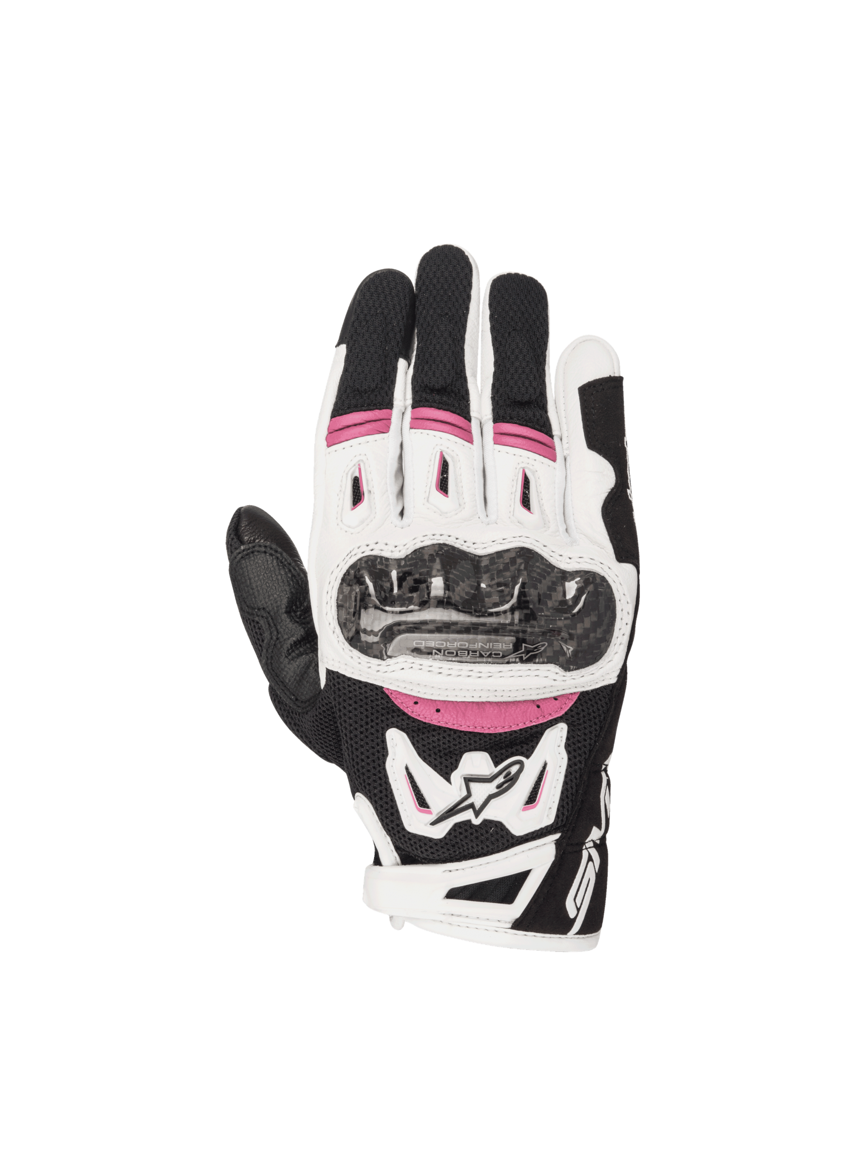 Alpinestars Stella SMX-2 Air Carbon V2 damhandskar, svarta och vita med fuchsia-detaljer och kolfiberknogskydd