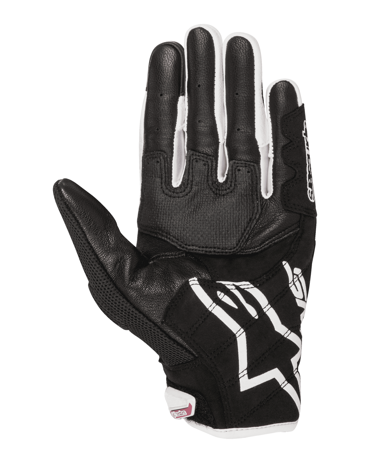 Alpinestars Women Stella SMX-2 Air Carbon V2 Gloves, Motorcycle Gloves, Palm View, Black and White with Fuchsia details, featuring leather and mesh construction with reinforced palm and touchscreen compatible fingertips