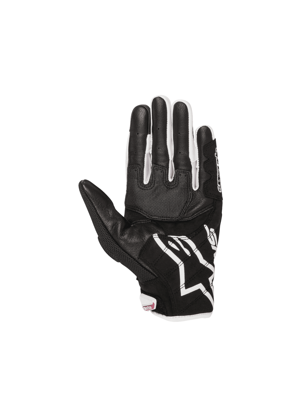 Alpinestars Stella SMX-2 Air Carbon V2 damhandskar, svarta och vita i läder med förstärkt handflata och ventilerande 3D-mesh.