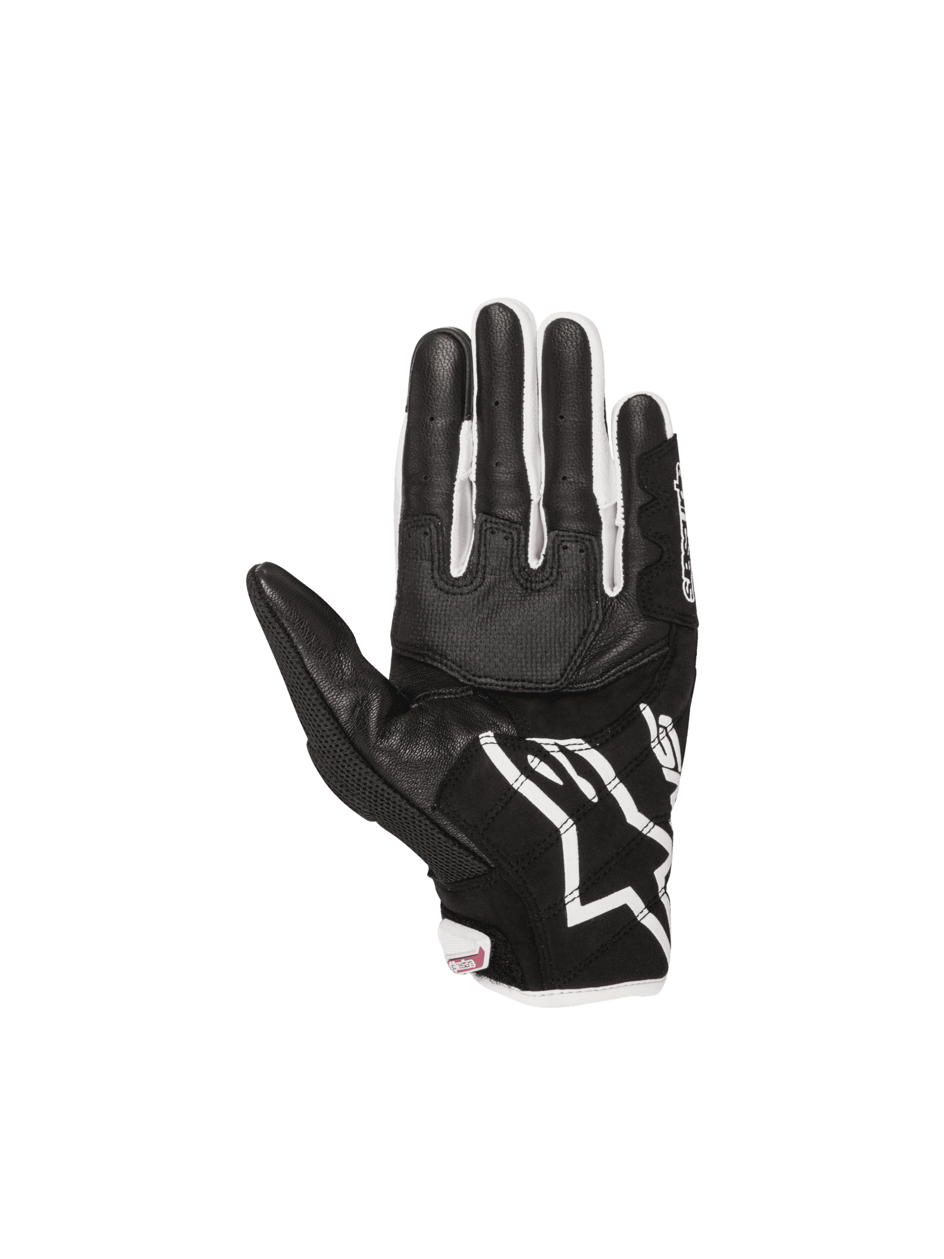 Alpinestars Stella SMX-2 Air Carbon V2 damhandskar, svarta och vita i läder med förstärkt handflata och ventilerande 3D-mesh.