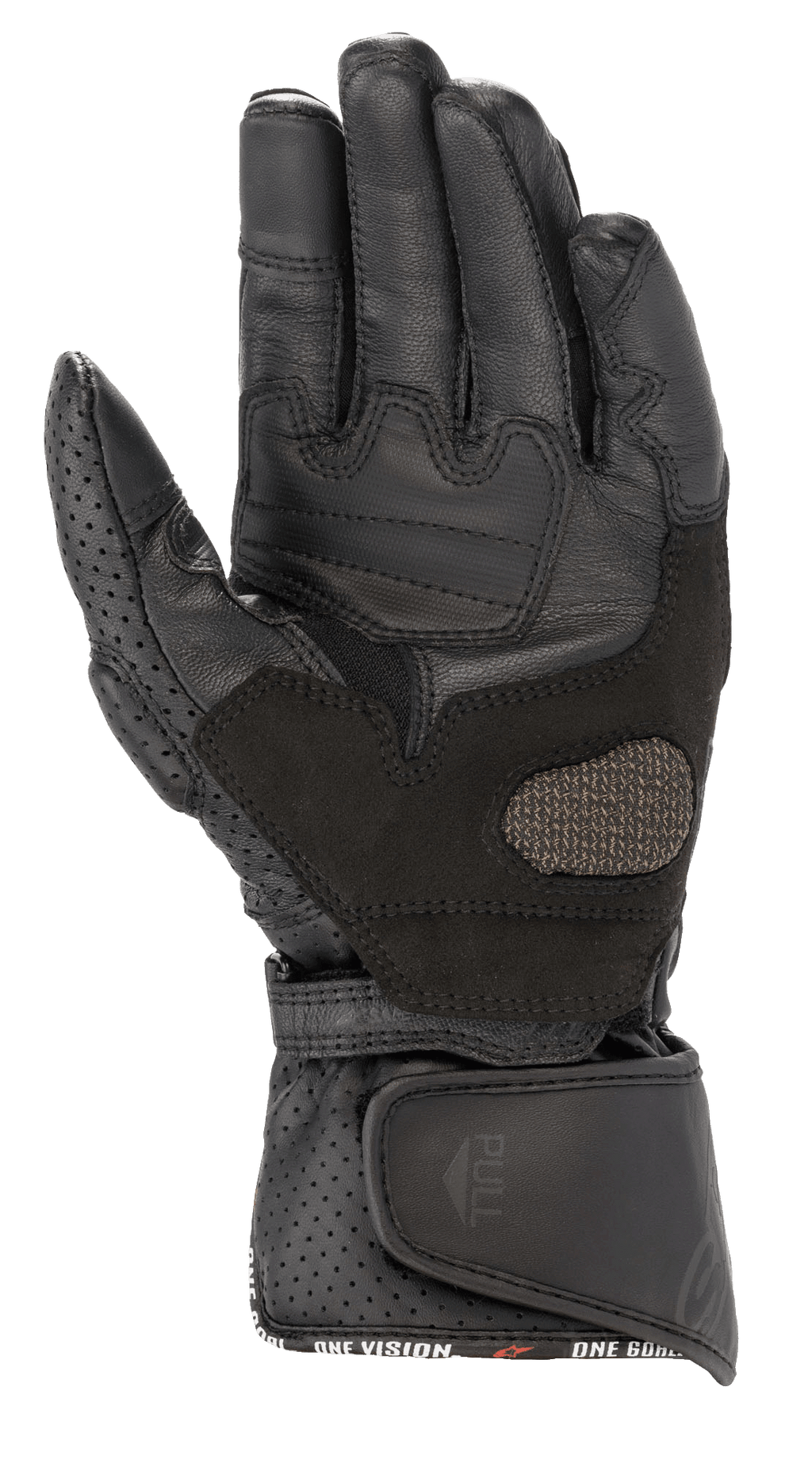 Alpinestars Stella SP-8 V3 handskar för dam, motorcykelhandskar, helsvarta, handflata som visar förstärkta läderpaneler och perforerade detaljer, bred justerbar handledsstängning med dragflik, högpresterande skyddsutrustning för kvinnor