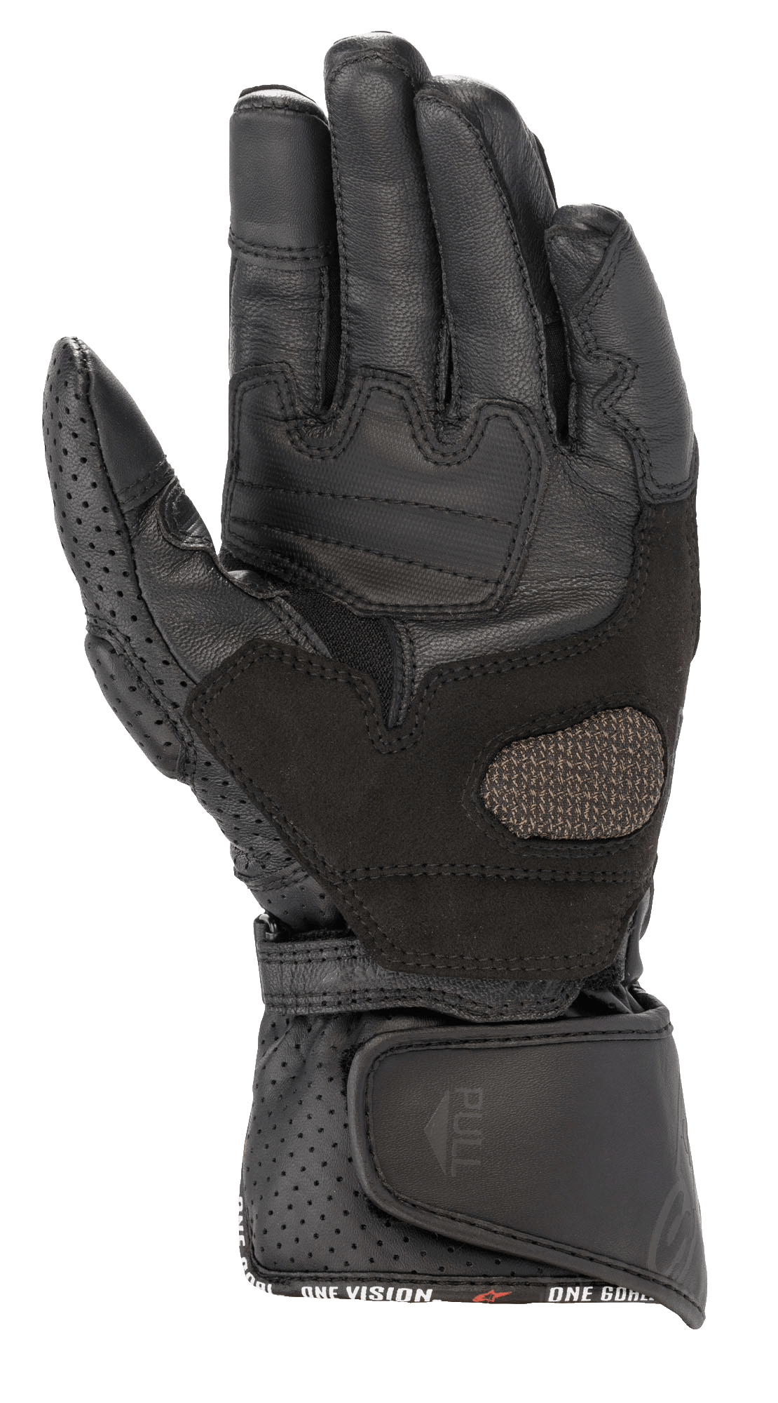 Alpinestars Stella SP-8 V3 handskar för dam, motorcykelhandskar, helsvarta, handflata som visar förstärkta läderpaneler och perforerade detaljer, bred justerbar handledsstängning med dragflik, högpresterande skyddsutrustning för kvinnor