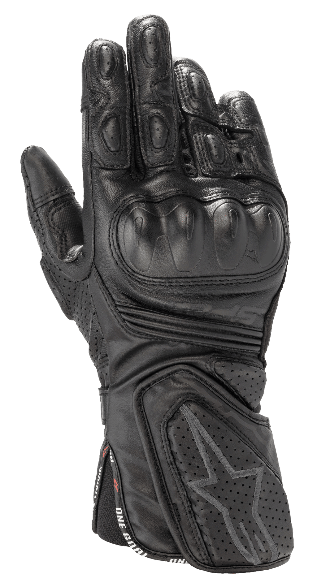 Alpinestars Stella SP-8 V3 damhandskar, racinghandskar för motorcykel, svarta, premiumläderkonstruktion, hårt knogskydd, perforerad ventilation, vadderade fingrar och handled, stjärnlogotyp, handledsrem med texten 'One Goal One Vision'