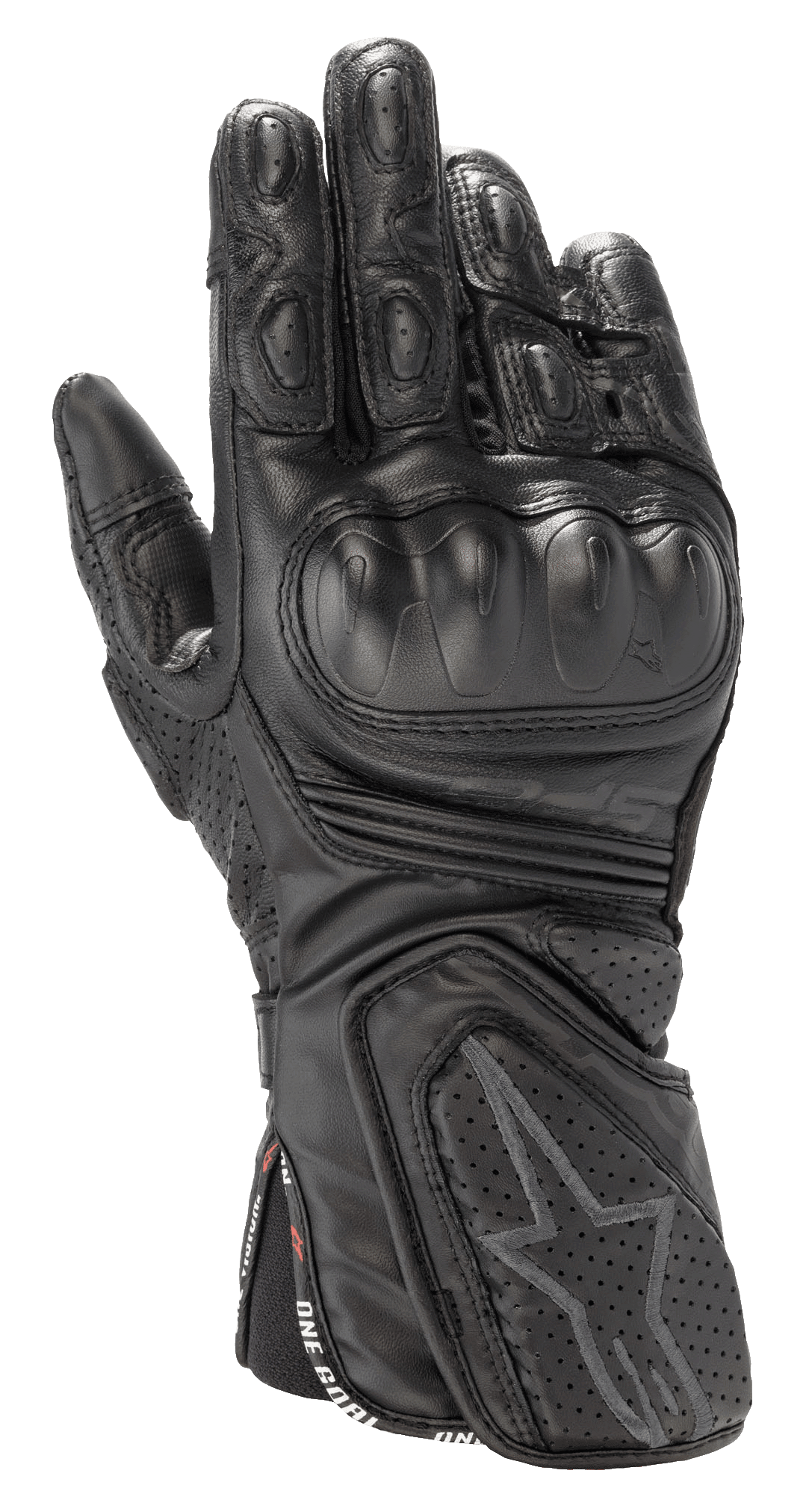 Alpinestars Stella SP-8 V3 damhandskar, racinghandskar för motorcykel, svarta, premiumläderkonstruktion, hårt knogskydd, perforerad ventilation, vadderade fingrar och handled, stjärnlogotyp, handledsrem med texten 'One Goal One Vision'