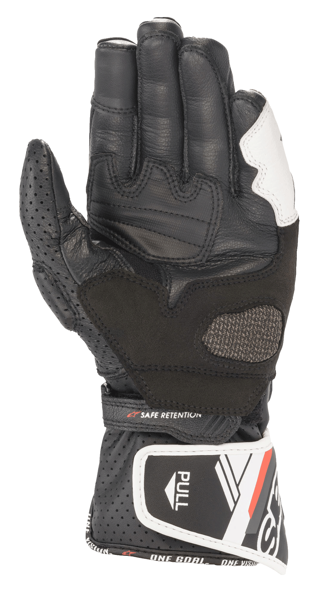Alpinestars Women Stella SP-8 V3 Gloves, Leather Motorcycle Gloves, Black and White, palm view showing perforated leather thumb, reinforced grip panels, adjustable wrist strap with 'SAFE RETENTION' text, and long cuff with 'PULL' tab and brand lettering