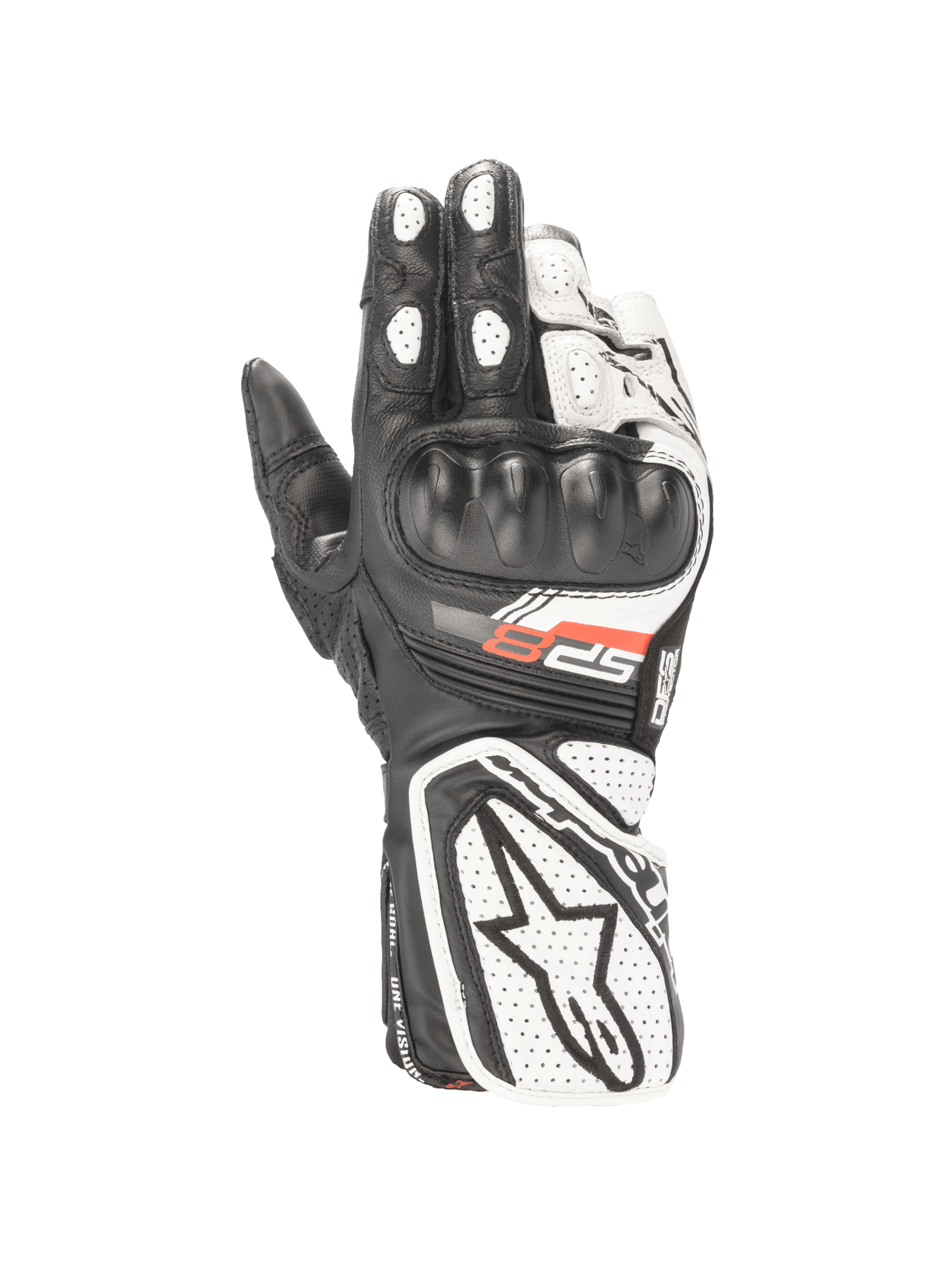 Alpinestars Stella SP-8 V3 handskar, dam-racinghandskar, svarta och vita, läder med CE-certifierat knogskydd