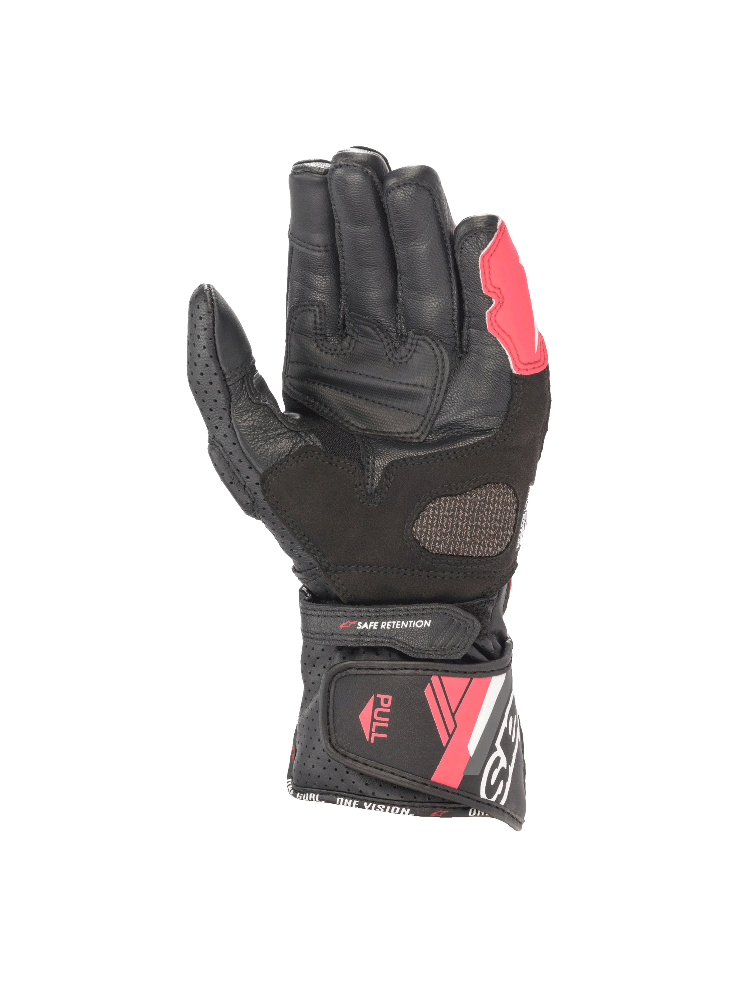 Alpinestars Stella SP-8 V3 racinghandskar för dam, svarta och rosa, vy av läderhandflata med säkert kardborreband