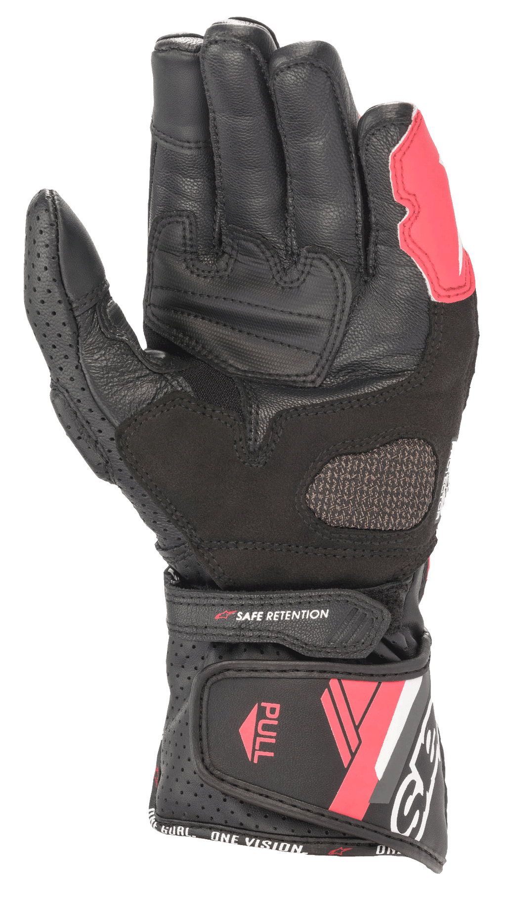 Alpinestars Women Stella SP-8 V3 Leather Gloves, Black White Diva Pink, palm view showing leather construction, reinforced grip areas, perforated panels, and adjustable cuff closure.