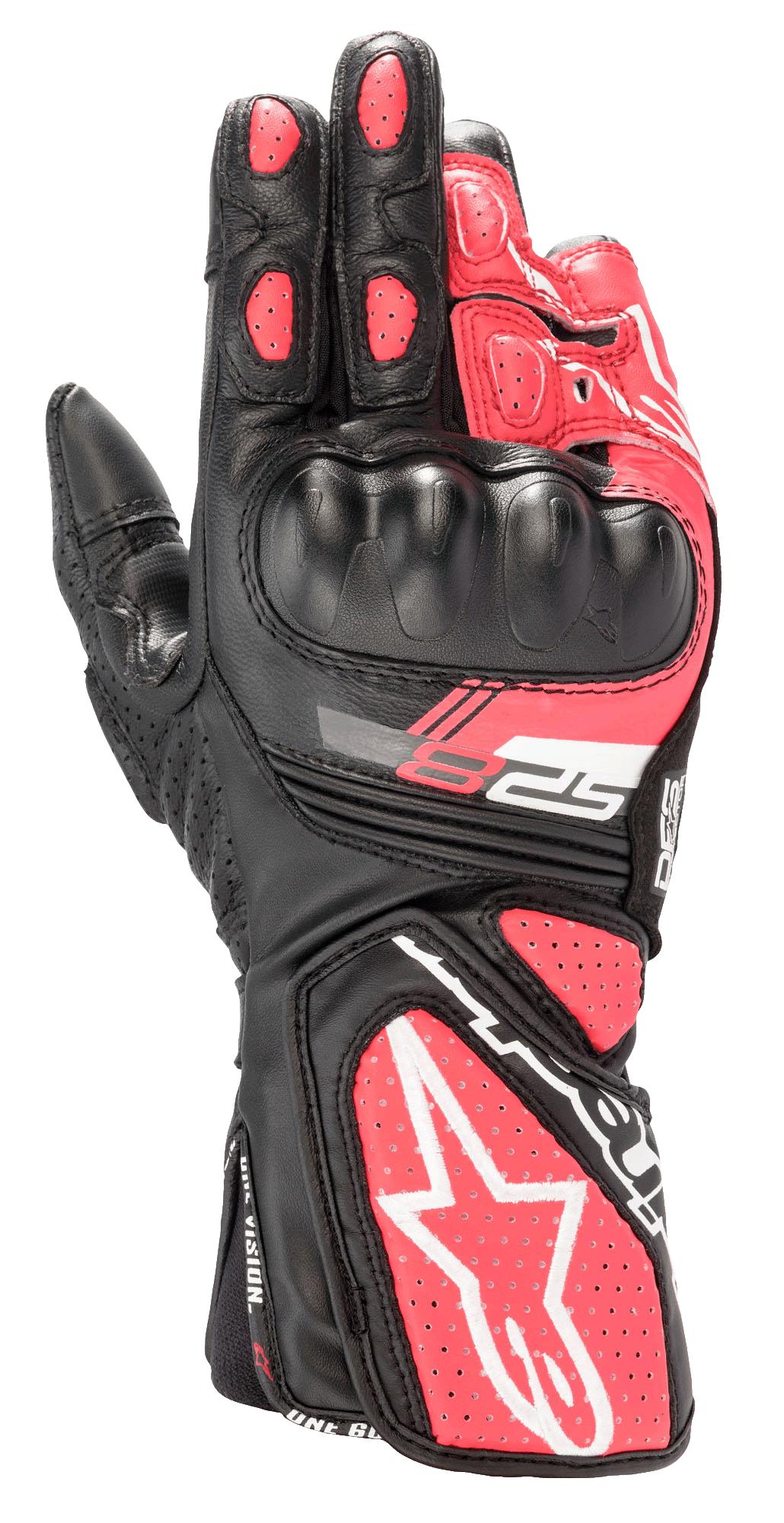 Alpinestars Women Stella SP-8 V3 Gloves, motorcycle sport gloves, Black White and Diva Pink, featuring molded hard knuckle protection, perforated pink leather panels, long cuff with large white star logo and SP-8 branding