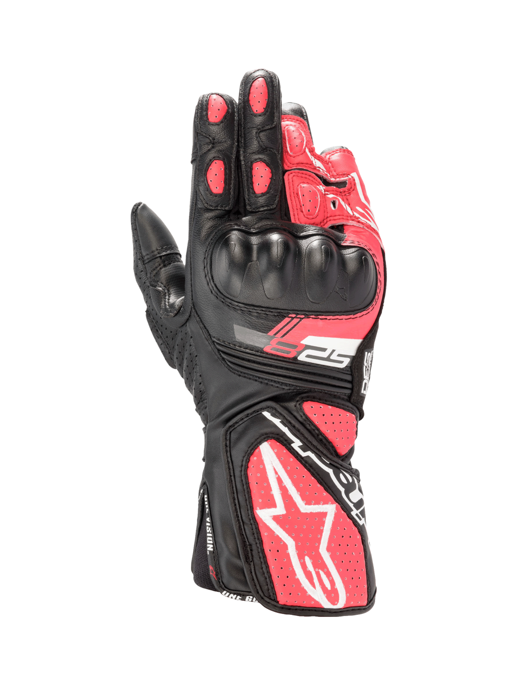 Alpinestars Stella SP-8 V3 handskar, dam-motorcykelhandskar i svart och rosa läder, hårt knogskydd och vita detaljer.