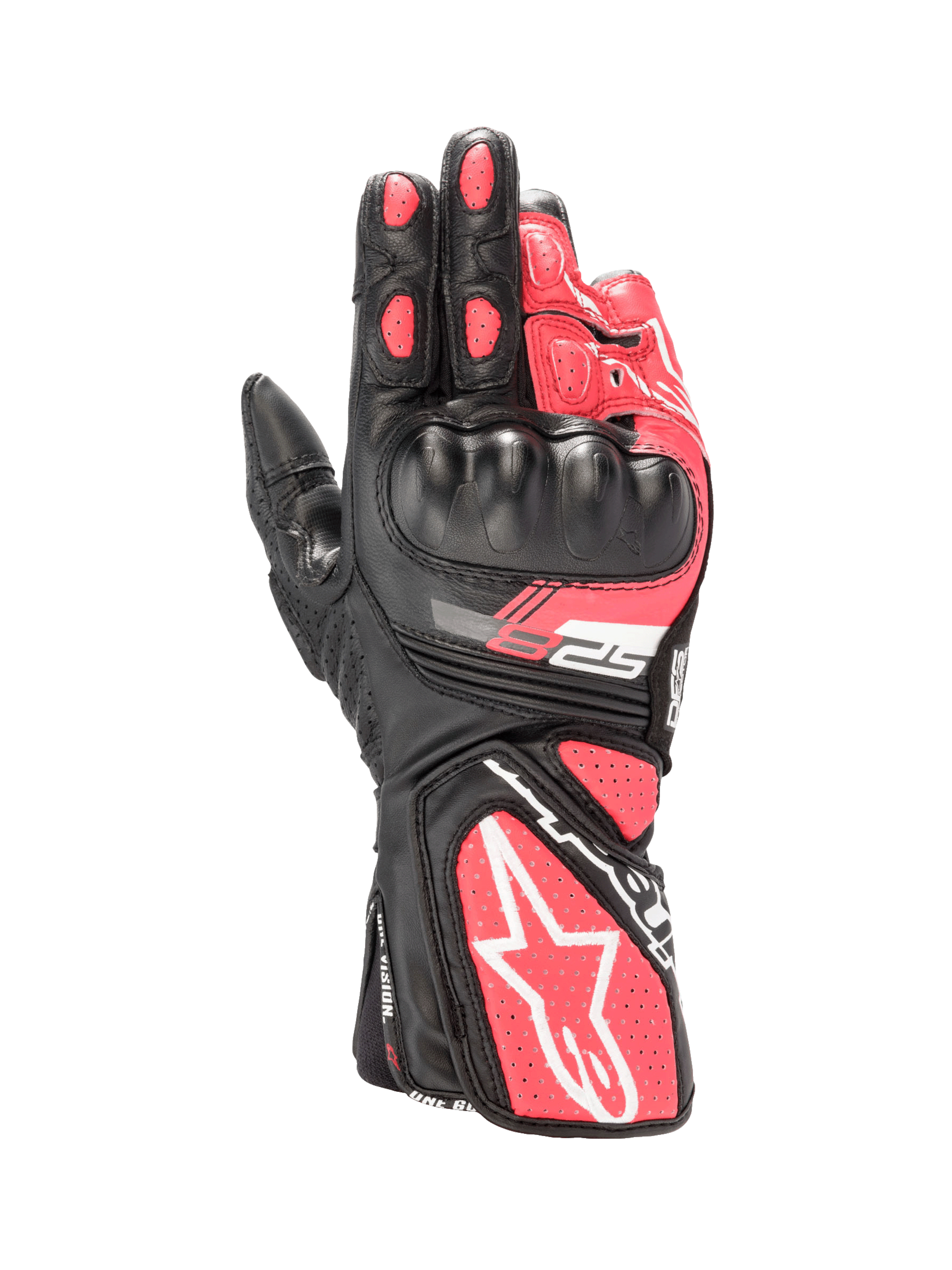 Alpinestars Stella SP-8 V3 handskar, dam-motorcykelhandskar i svart och rosa läder, hårt knogskydd och vita detaljer.