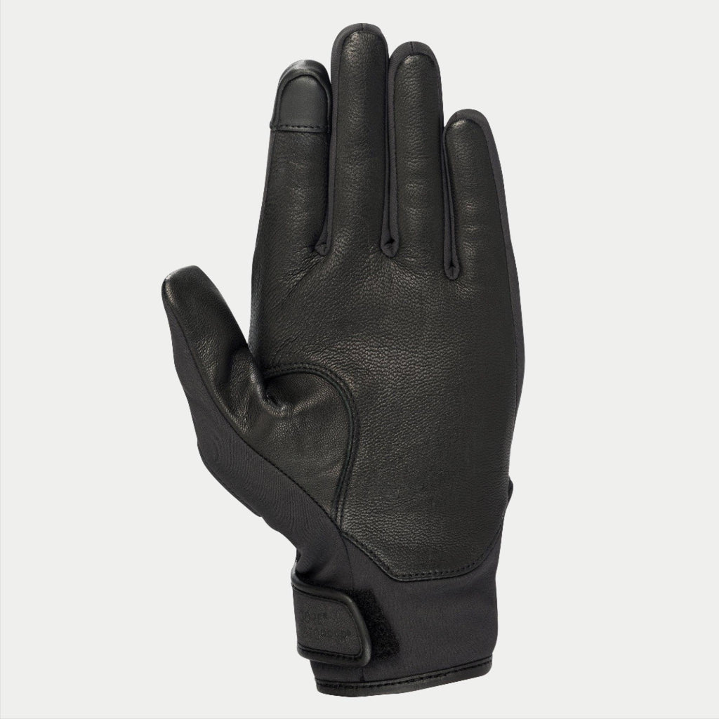 Alpinestars Stella C1 Windstopper V2 handskar för dam, svarta, vy av handflatan med förstärkningar i fullnarvsläder och pekskärmskompatibel fingertopp på pekfingret, kardborrestängning vid manschetten, stilren design för stadskörning