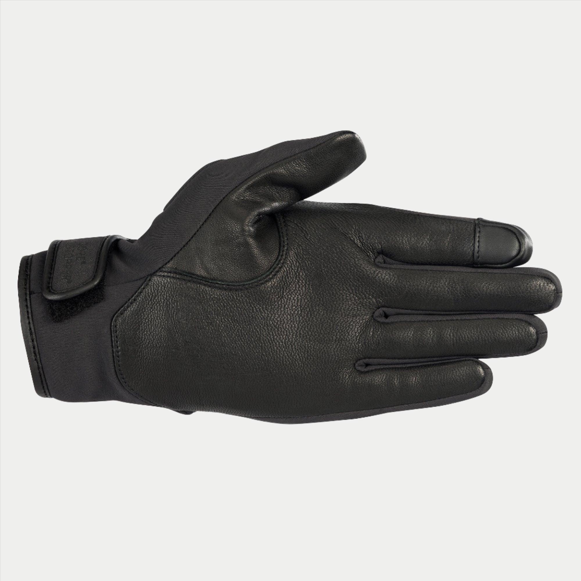 Alpinestars C1 Windstopper V2 Gloves, Black, palm view featuring full-grain leather reinforcements on palm and thumb, touchscreen-compatible index fingertip, short cuff with hook and loop closure, urban commuting motorcycle glove