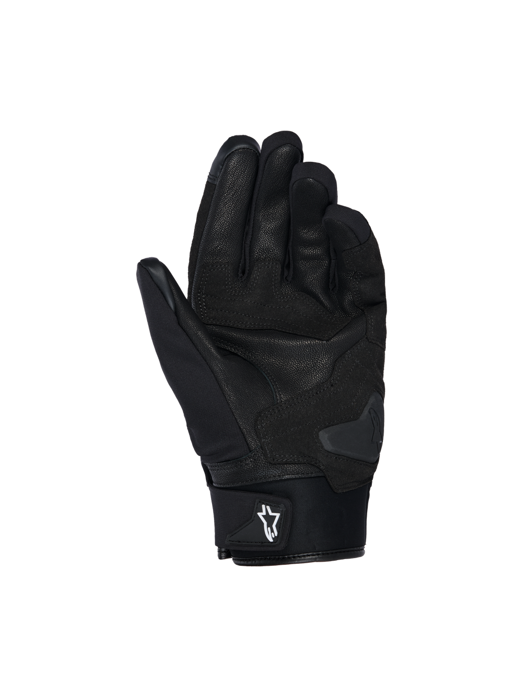 Alpinestars SP X Z vattentäta handskar, motorcykelhandskar, svarta, vy av handflatan som visar läderkonstruktion, förstärkt vaddering och handflateslidare för nötningsbeständighet