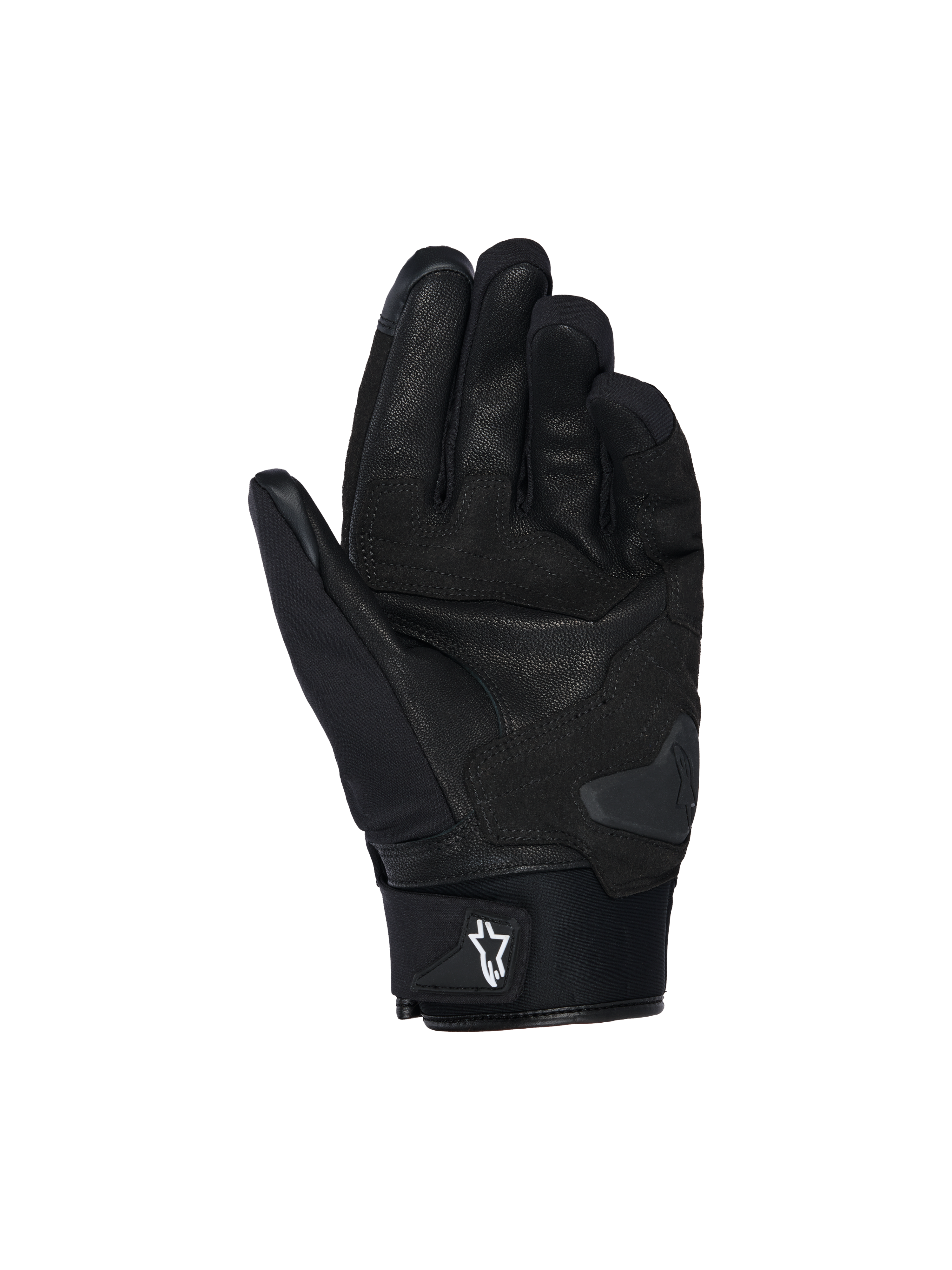 Alpinestars SP X Z vattentäta handskar, motorcykelhandskar, svarta, vy av handflatan som visar läderkonstruktion, förstärkt vaddering och handflateslidare för nötningsbeständighet