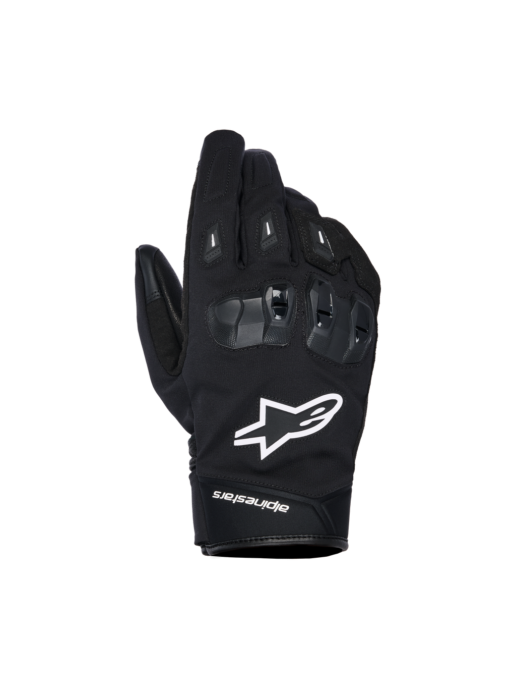 Alpinestars SP X Z vattentäta handskar, svarta motorcykelhandskar med vit stjärnlogotyp, texturerat SP X TPU-knogskydd med glansiga svarta segment, stilren streetdesign med förstärkta sömmar, vattentät konstruktion för körning i alla väder