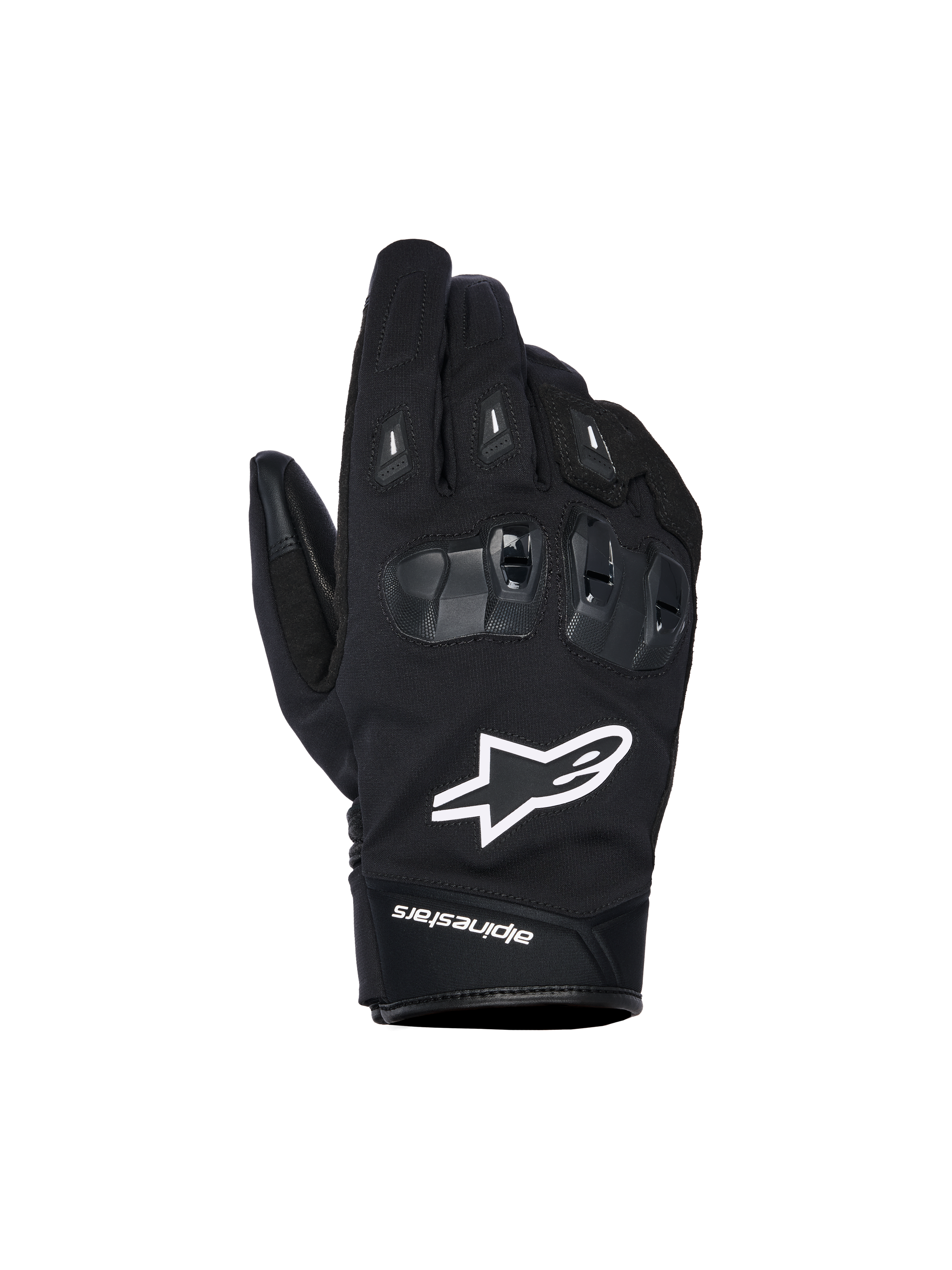 Alpinestars SP X Z vattentäta handskar, svarta motorcykelhandskar med vit stjärnlogotyp, texturerat SP X TPU-knogskydd med glansiga svarta segment, stilren streetdesign med förstärkta sömmar, vattentät konstruktion för körning i alla väder