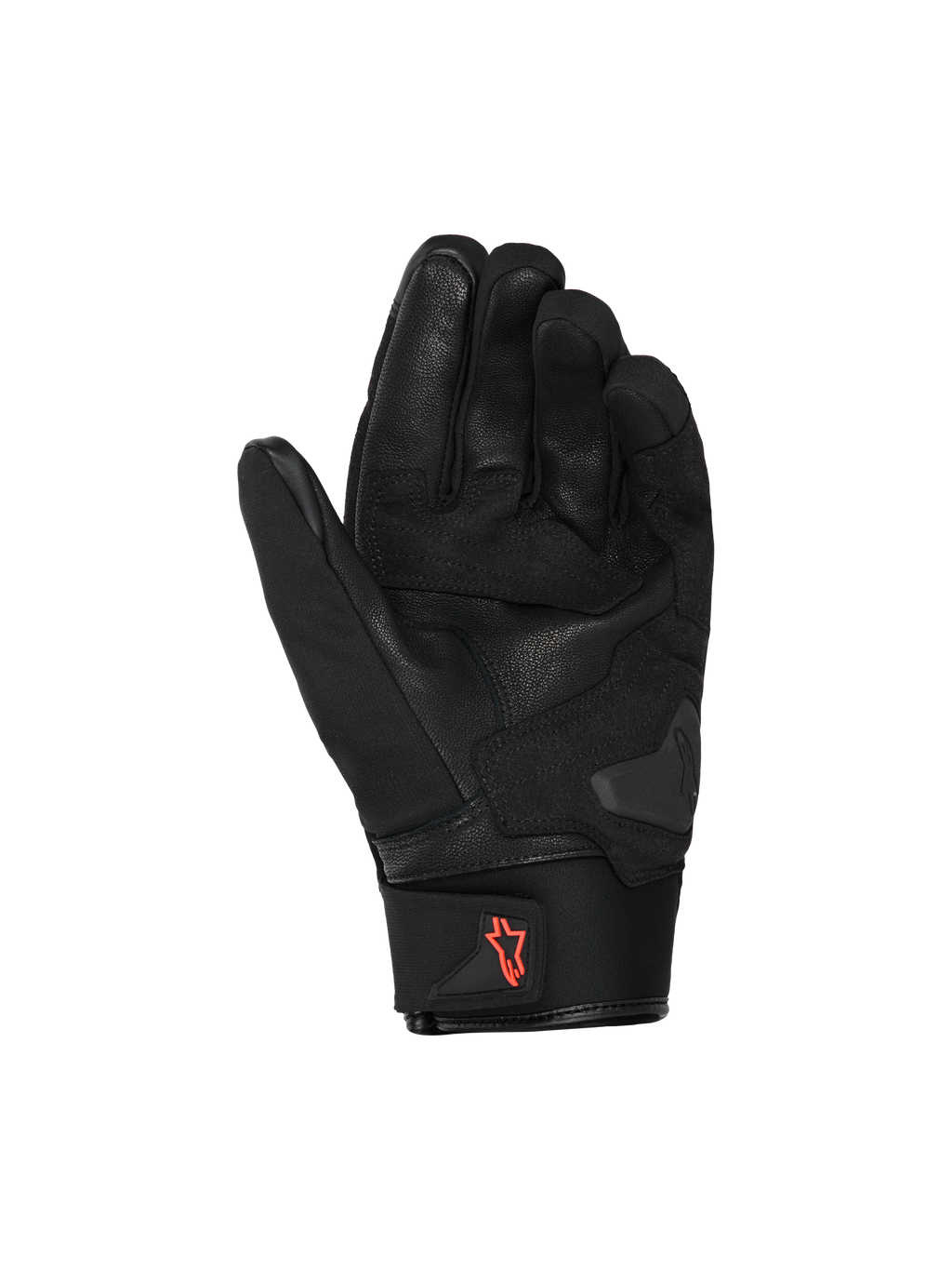 Alpinestars SP X Z vattentäta handskar, motorcykelhandskar, svarta med röd fluo-logotyp, handflatevy som visar läderkonstruktion och förstärkta greppytor, neoprenmudd med dragflik, högpresterande utrustning för gatukörning