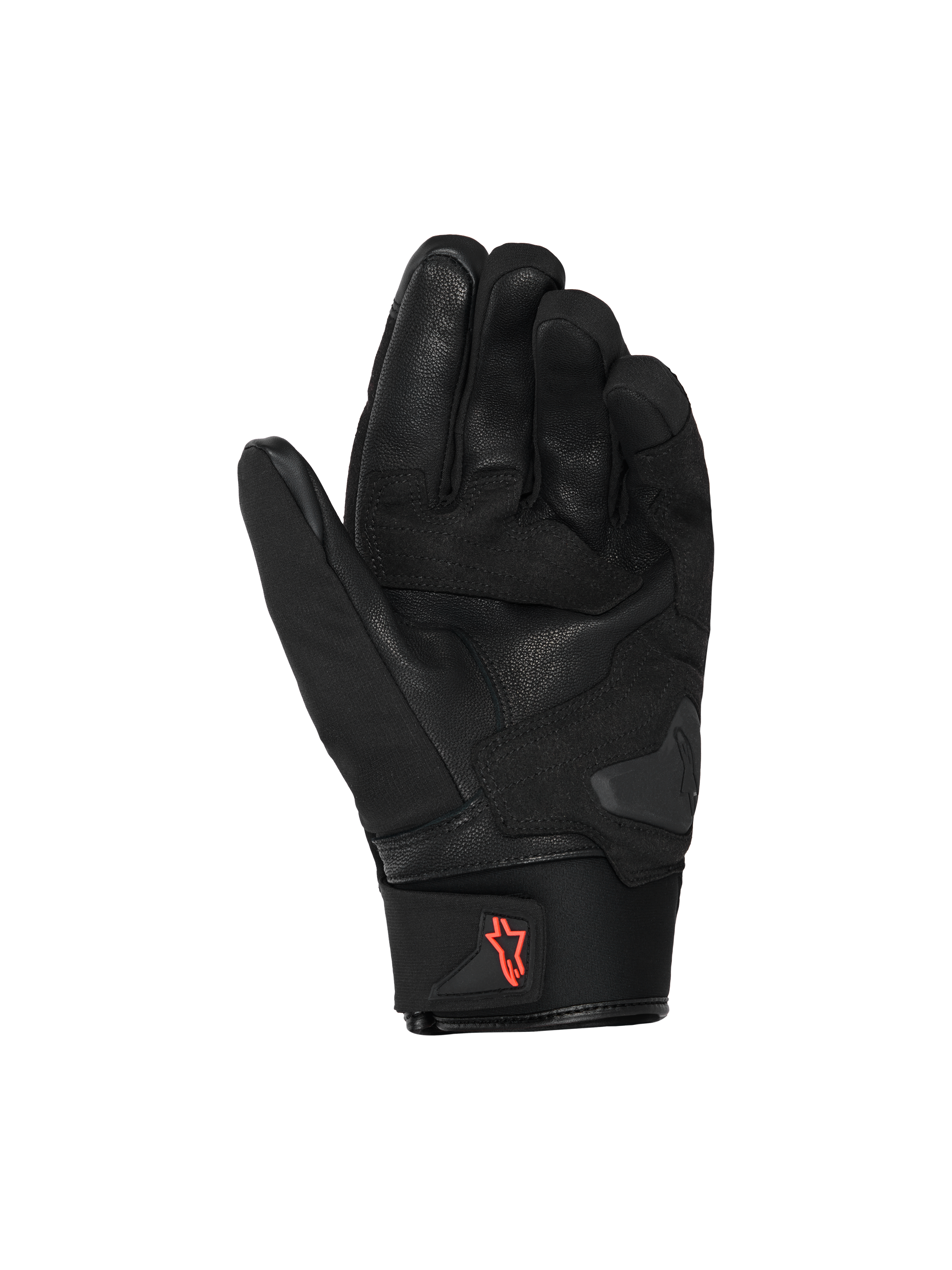 Alpinestars SP X Z vattentäta handskar, motorcykelhandskar, svarta med röd fluo-logotyp, handflatevy som visar läderkonstruktion och förstärkta greppytor, neoprenmudd med dragflik, högpresterande utrustning för gatukörning