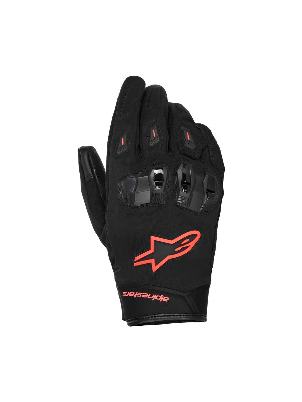 Alpinestars SP X Z vattentäta handskar, motorcykelhandskar, svarta och röd fluo, med delade TPU-knogskydd med ventilation, lysande röd fluo-logotyp på handryggen och slitstark textil- och läderkonstruktion för prestanda i alla väder.