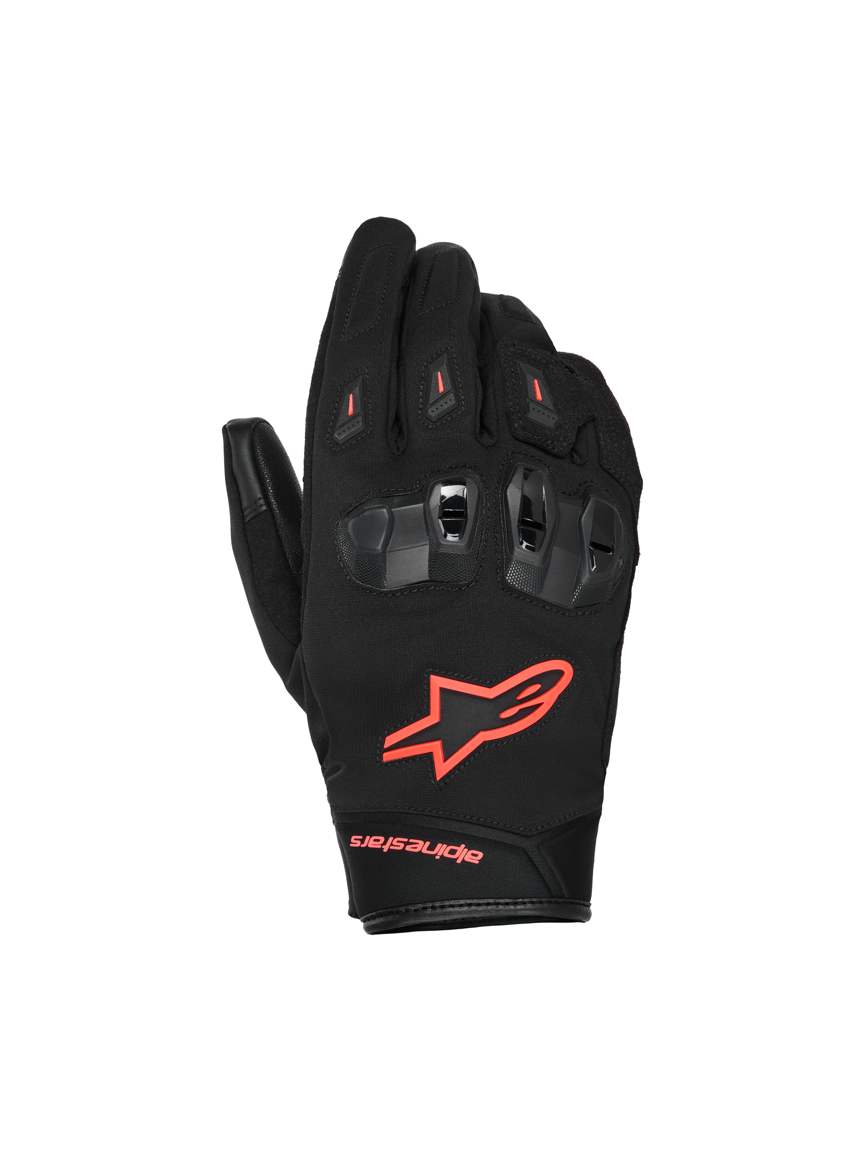 Alpinestars SP X Z vattentäta handskar, motorcykelhandskar, svarta och röd fluo, med delade TPU-knogskydd med ventilation, lysande röd fluo-logotyp på handryggen och slitstark textil- och läderkonstruktion för prestanda i alla väder.
