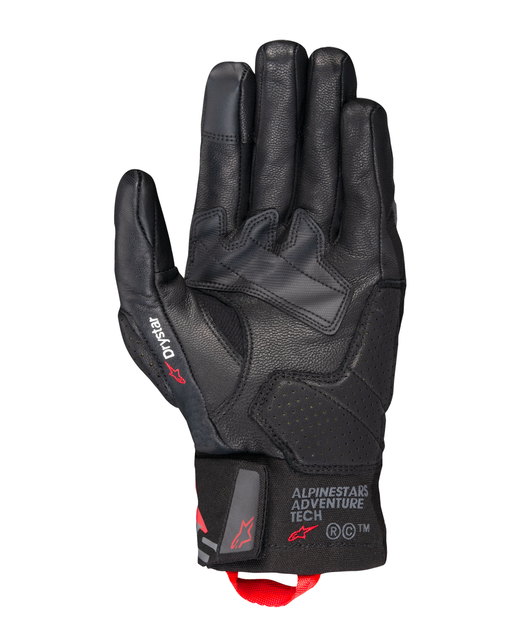 Alpinestars Belize V3 Drystar® handskar, svarta touringhandskar för motorcykel, vy av handflatan som visar läderkonstruktion med perforerade förstärkningar, Drystar-logotyp på tummen, Adventure Tech-logotyp på manschetten och en röd dragögla.