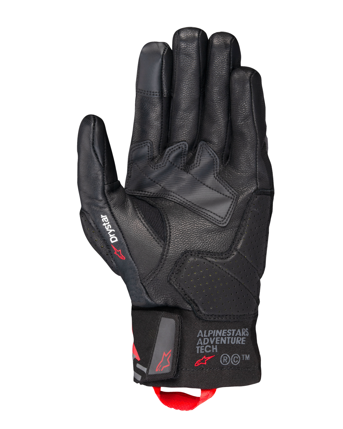 Alpinestars Belize V3 Drystar® handskar, svarta touringhandskar för motorcykel, vy av handflatan som visar läderkonstruktion med perforerade förstärkningar, Drystar-logotyp på tummen, Adventure Tech-logotyp på manschetten och en röd dragögla.