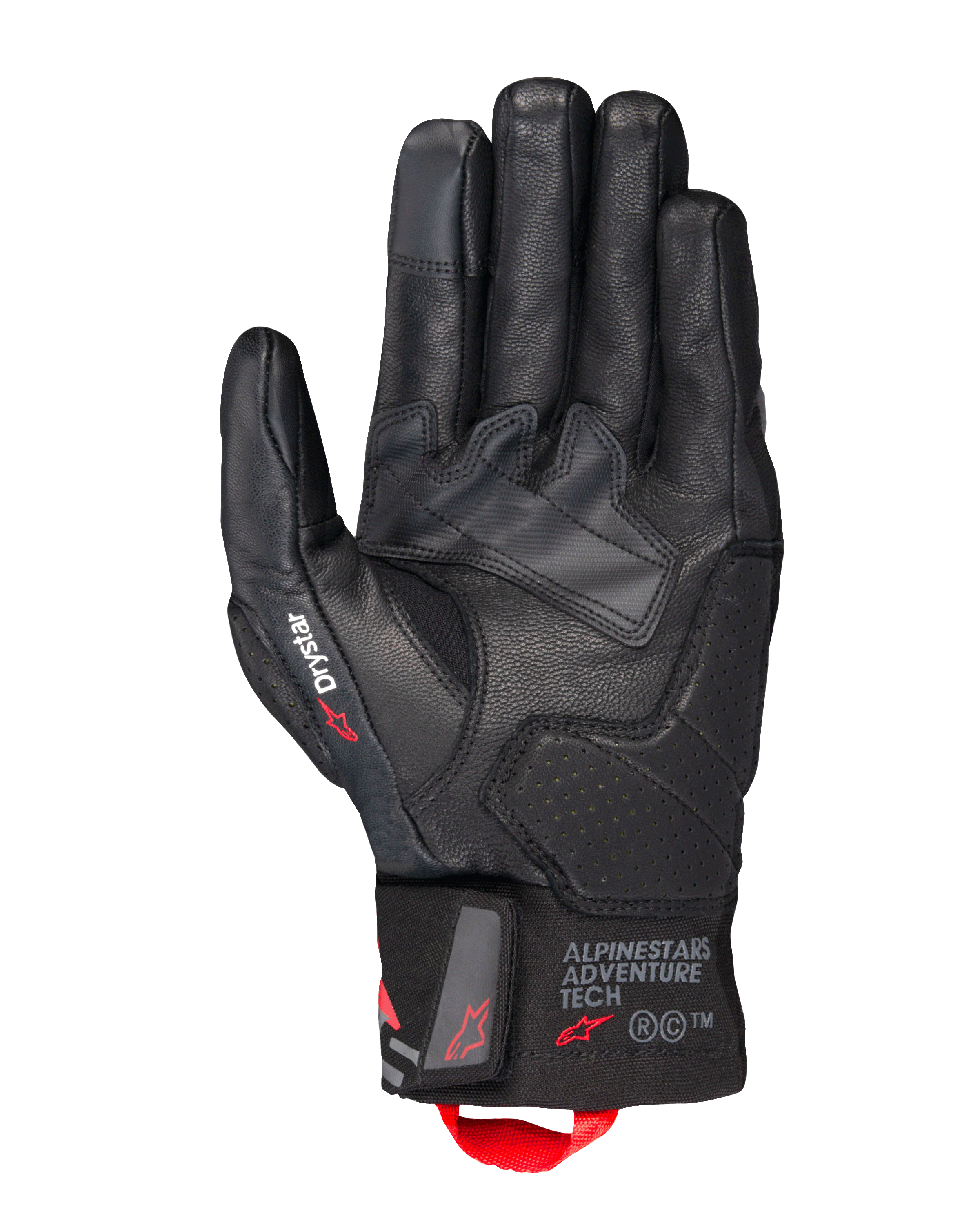 Alpinestars Belize V3 Drystar® handskar, svarta touringhandskar för motorcykel, vy av handflatan som visar läderkonstruktion med perforerade förstärkningar, Drystar-logotyp på tummen, Adventure Tech-logotyp på manschetten och en röd dragögla.