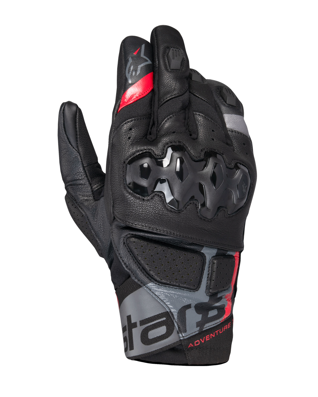 Alpinestars Belize V3 Drystar-handskar, adventure-motorcykelhandskar med kort manschett, svarta med röda och grå detaljer, med hårt knogskydd i ett hexagonalt mönster, perforerade läderpaneler och "ADVENTURE"-märkning på handleden.