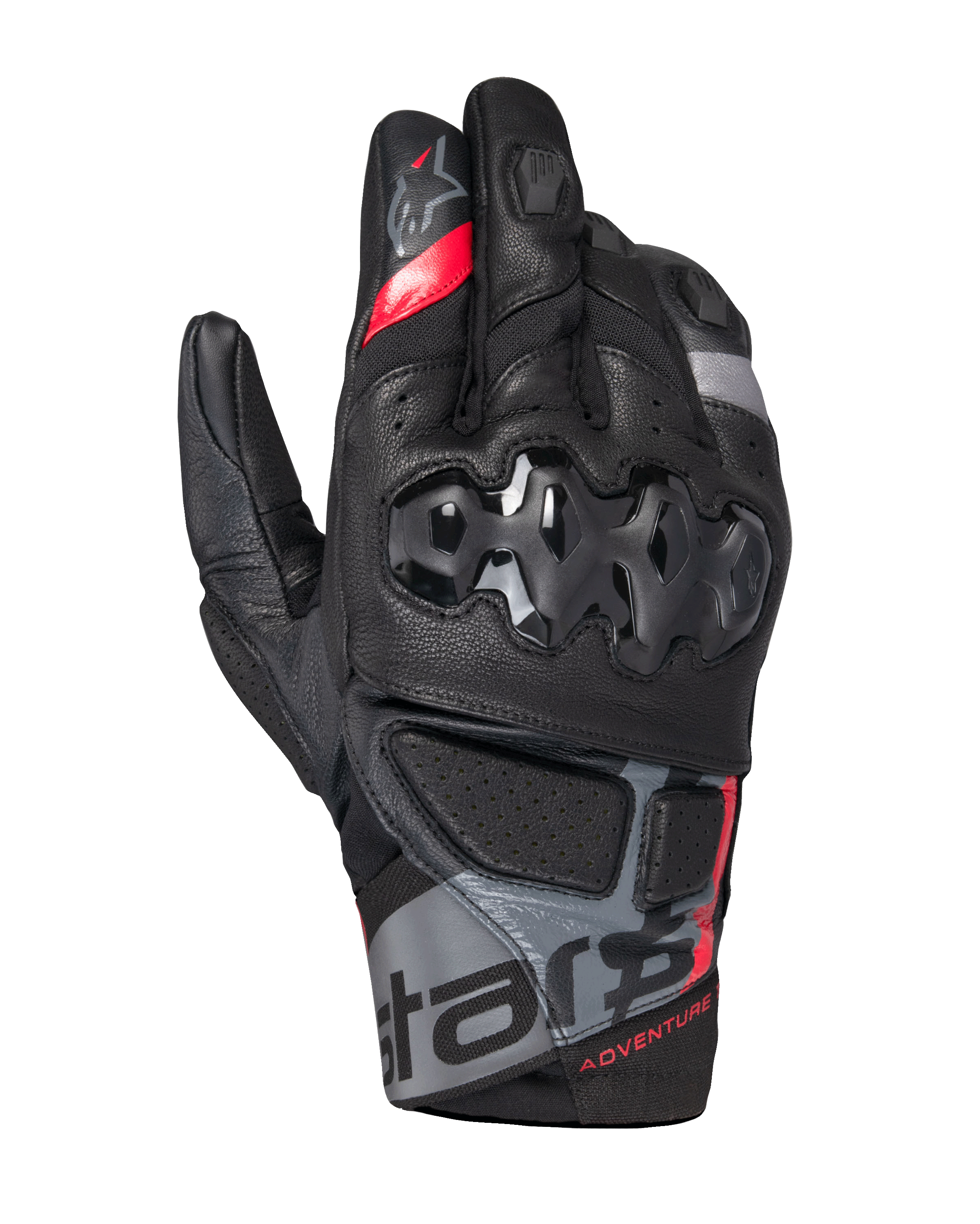 Alpinestars Belize V3 Drystar-handskar, adventure-motorcykelhandskar med kort manschett, svarta med röda och grå detaljer, med hårt knogskydd i ett hexagonalt mönster, perforerade läderpaneler och "ADVENTURE"-märkning på handleden.