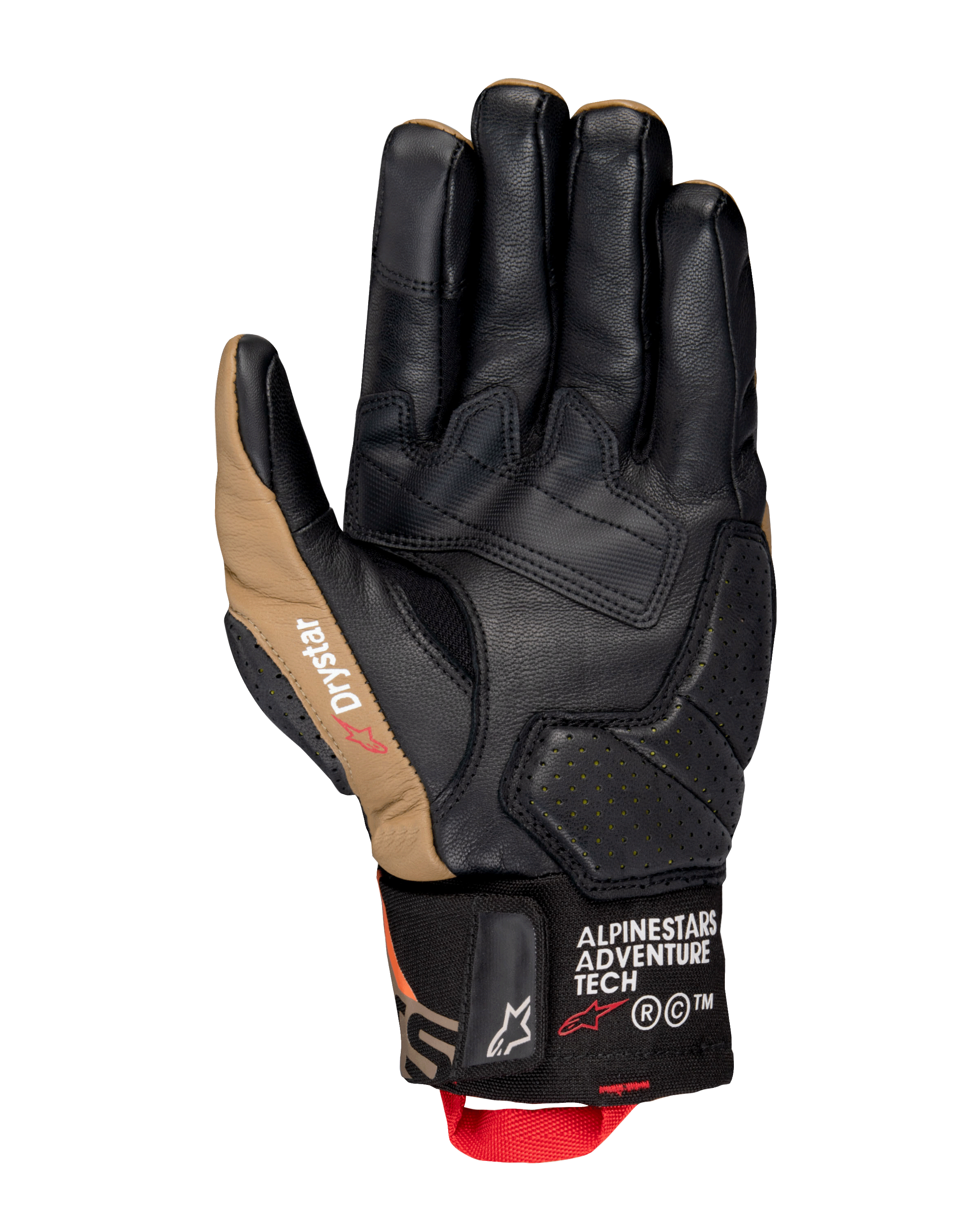 Alpinestars Belize V3 Drystar®-handskar, vy av handflatan på en motorcykelhandske med kort manschett i svart och Gobi Brown, läderkonstruktion med förstärkt handflata, perforerade detaljer och röd dragflik.