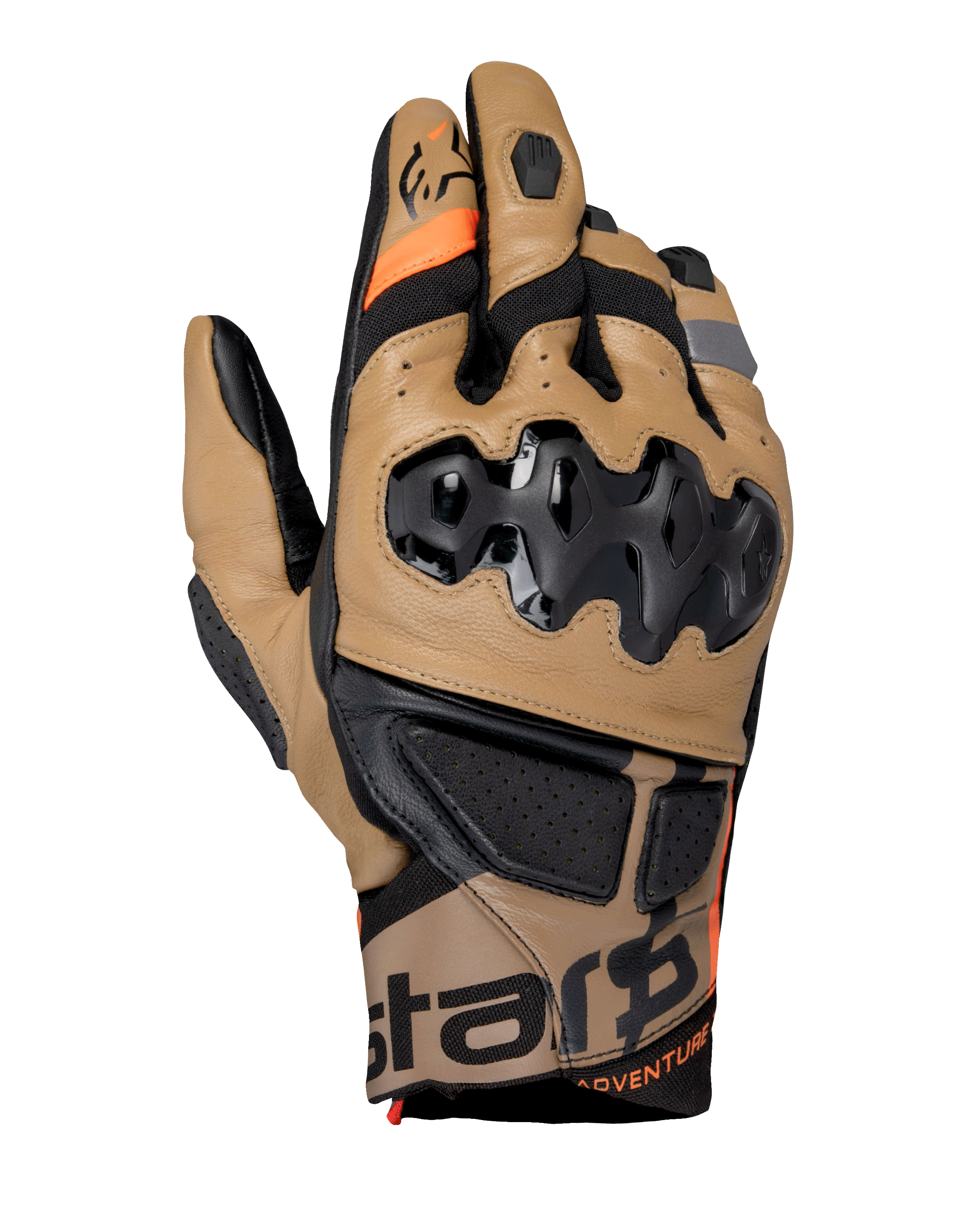 Alpinestars Belize V3 Drystar-handskar, äventyrsmotorcykelhandskar, Gobi Brown och svart, med injicerat SP-knogskydd, kort manschett, perforerade läderpaneler, orange detaljer och Alpinestars-branding på manschetten