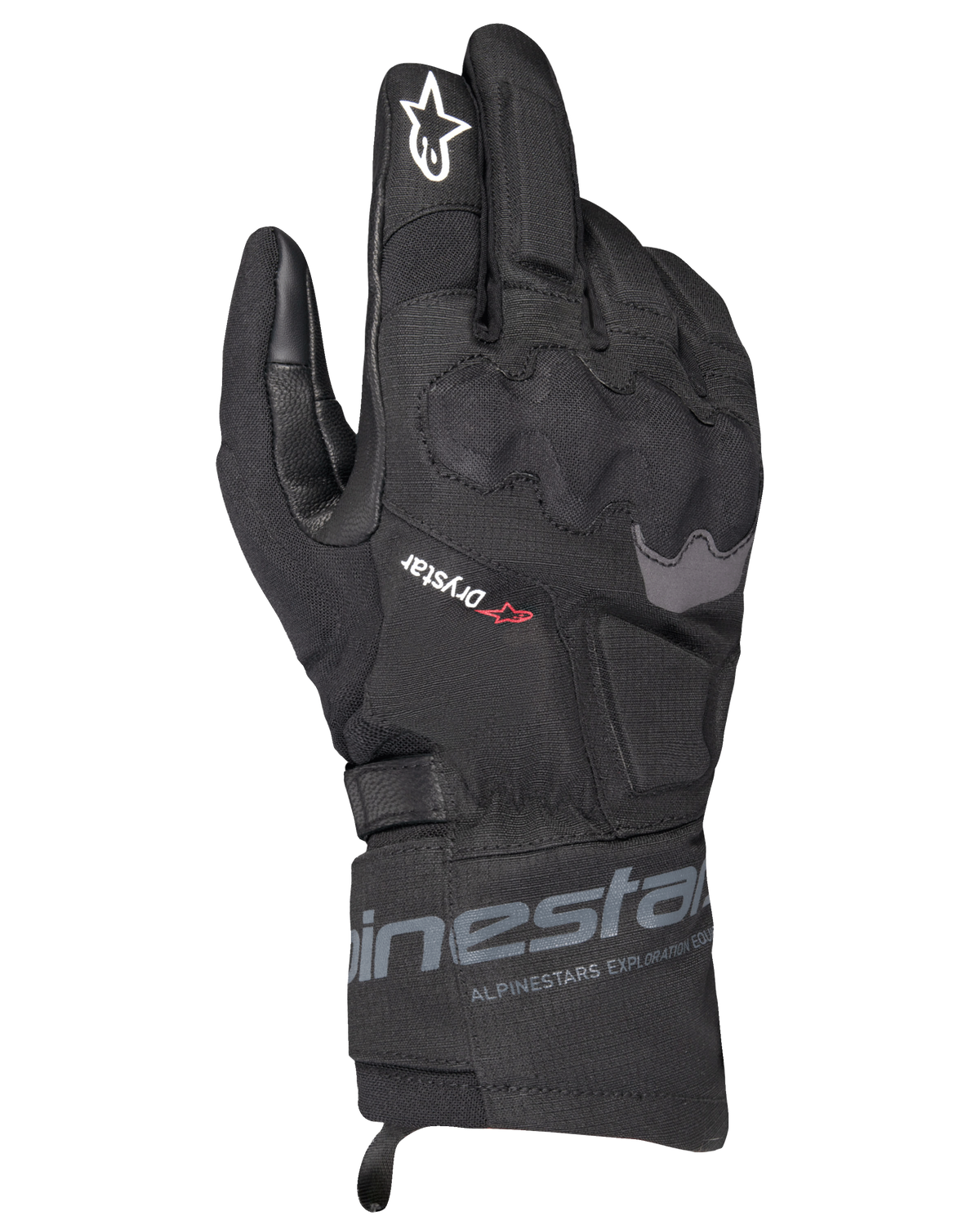 Alpinestars WT-3 Drystar isolerade handskar, svarta motorcykelhandskar för touring, vattentät och isolerad konstruktion med formgjutna knogskydd, vit stjärnlogotyp på pekfingret och medellång manschett med Alpinestars-profilering.