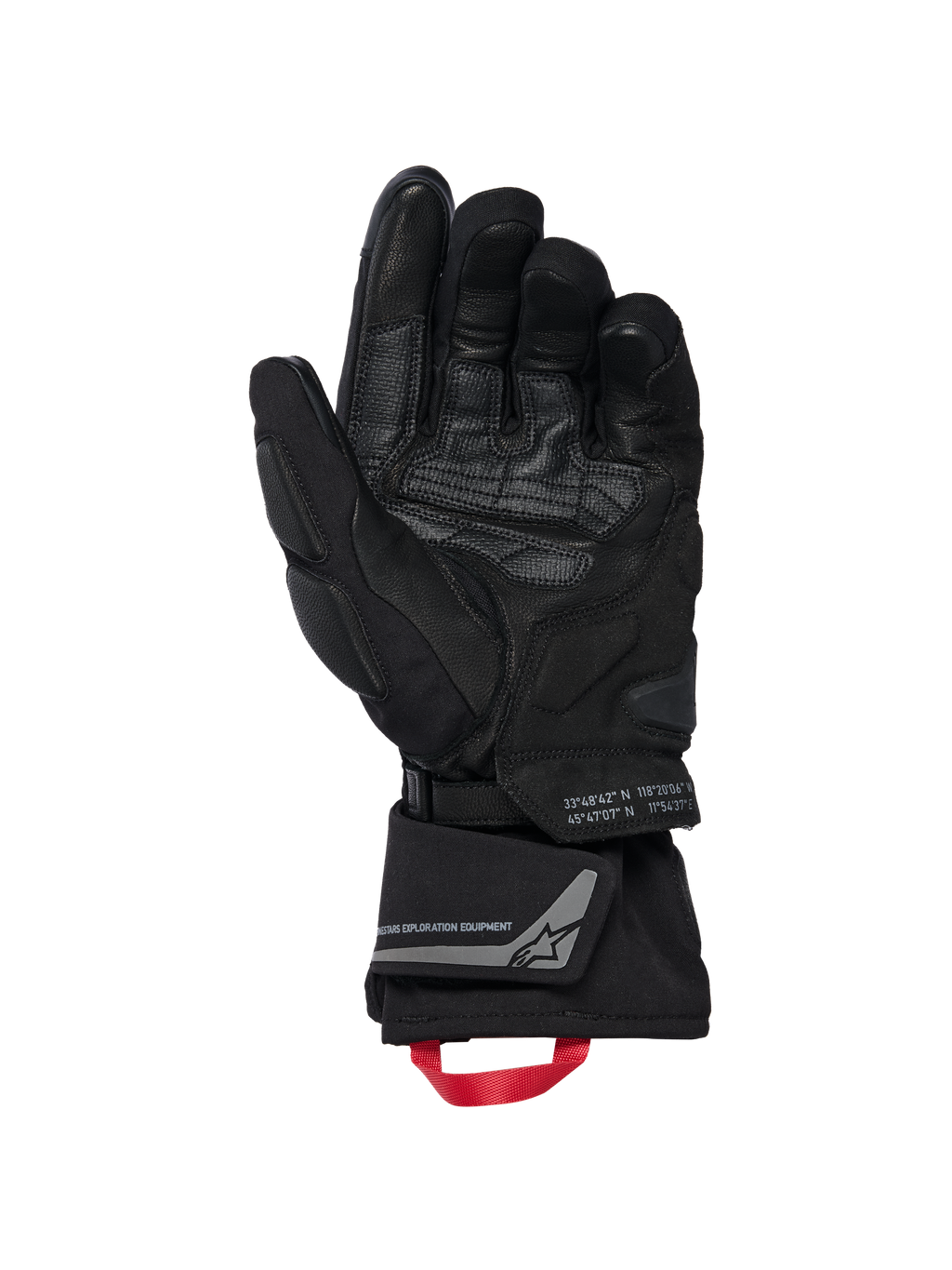 Alpinestars WT-8 GORE-TEX Insulated Gloves, Motorcycle Gloves, Black, inner palm view showing reinforced leather patches and padded sliders, long cuff with a red pull loop and Alpinestars Exploration Equipment branding with geographic coordinates, technical road and adventure design