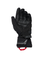 Alpinestars WT-8 GORE-TEX Insulated Gloves, Motorcycle Gloves, Black, inner palm view showing reinforced leather patches and padded sliders, long cuff with a red pull loop and Alpinestars Exploration Equipment branding with geographic coordinates, technical road and adventure design
