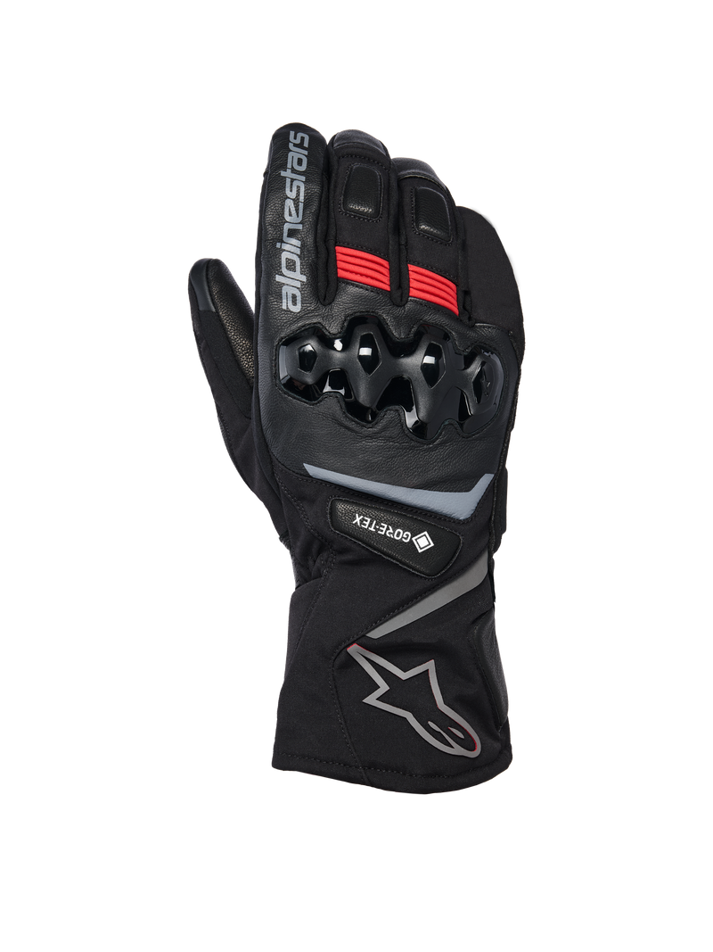 Alpinestars WT-8 GORE-TEX Isolerade Handskar, motorcykelvinterhandskar, svarta med röda detaljer och silverlogotyper, med hårt TPU-knogskydd, lång manschett och GORE-TEX-vattentäthet för körning i kallt väder