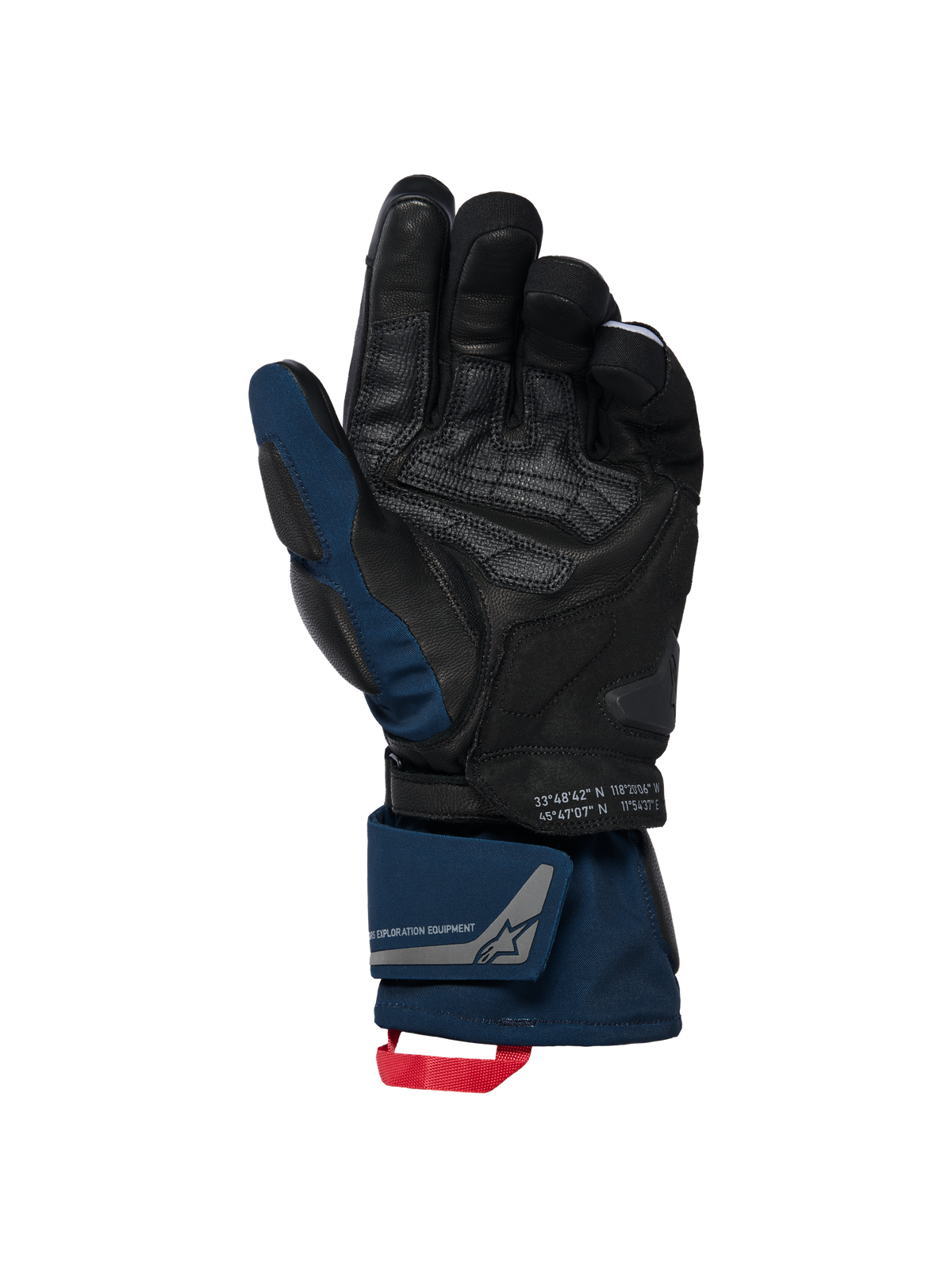 Alpinestars WT-8 GORE-TEX isolerade handskar, svarta och mörkblå, vy av handflatan som visar läderförstärkningar och vadderad slider, design med lång manschett med dubbel handledsstängning och röd dragögla, med koordinatdetaljer och exploration equipment-branding.