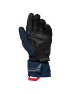 Alpinestars WT-8 GORE-TEX isolerade handskar, svarta och mörkblå, vy av handflatan som visar läderförstärkningar och vadderad slider, design med lång manschett med dubbel handledsstängning och röd dragögla, med koordinatdetaljer och exploration equipment-branding.