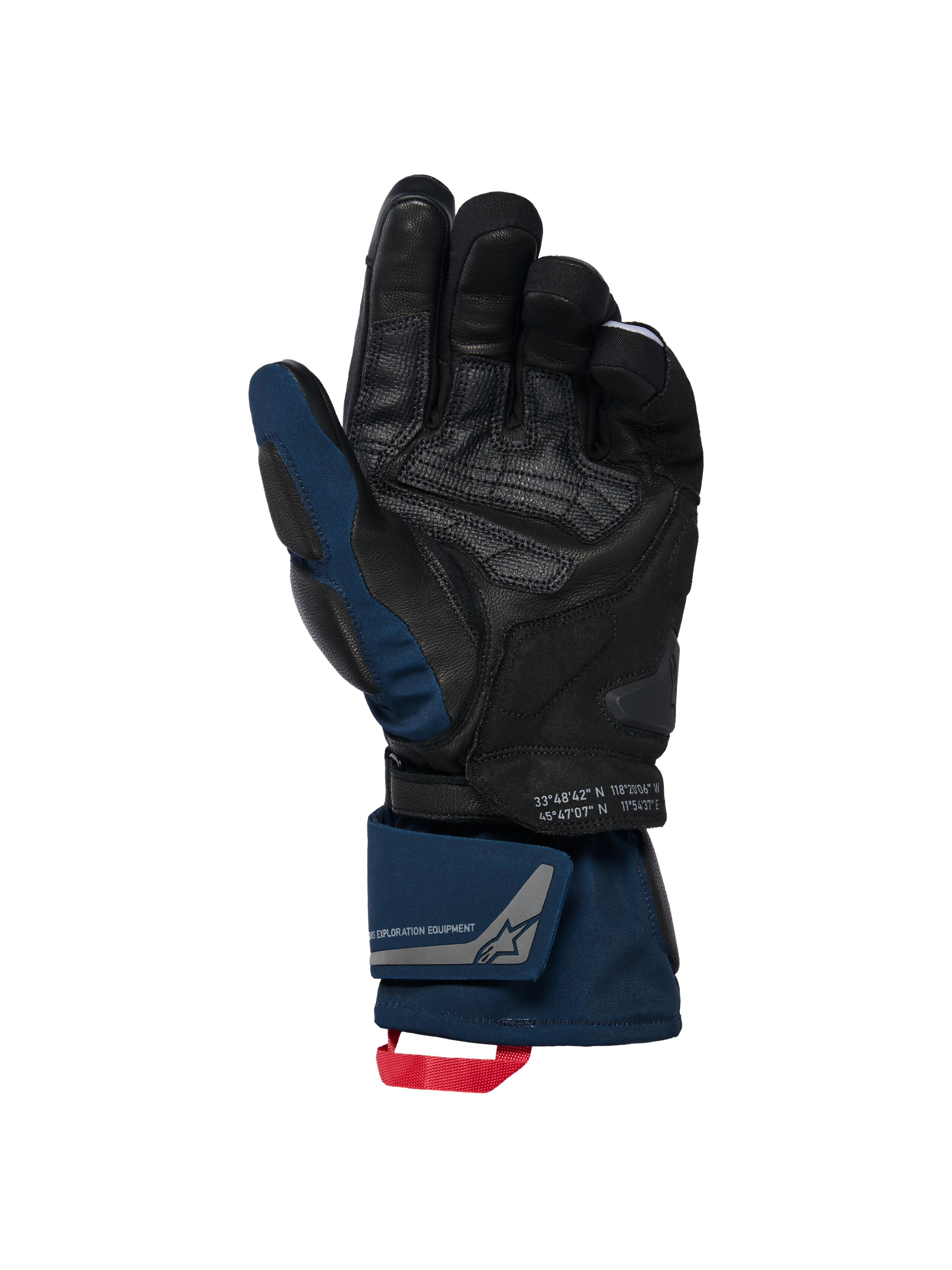 Alpinestars WT-8 GORE-TEX isolerade handskar, svarta och mörkblå, vy av handflatan som visar läderförstärkningar och vadderad slider, design med lång manschett med dubbel handledsstängning och röd dragögla, med koordinatdetaljer och exploration equipment-branding.