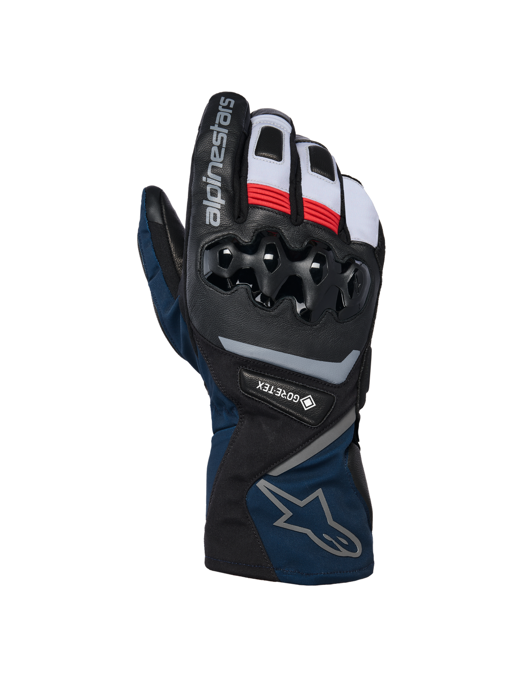 Alpinestars WT-8 GORE-TEX isolerade handskar, motorcykelhandskar för vinterbruk, svarta och mörkblå med röda och vita detaljer, med hårt TPU-knogskydd, GORE-TEX-logotyp och design med lång manschett.