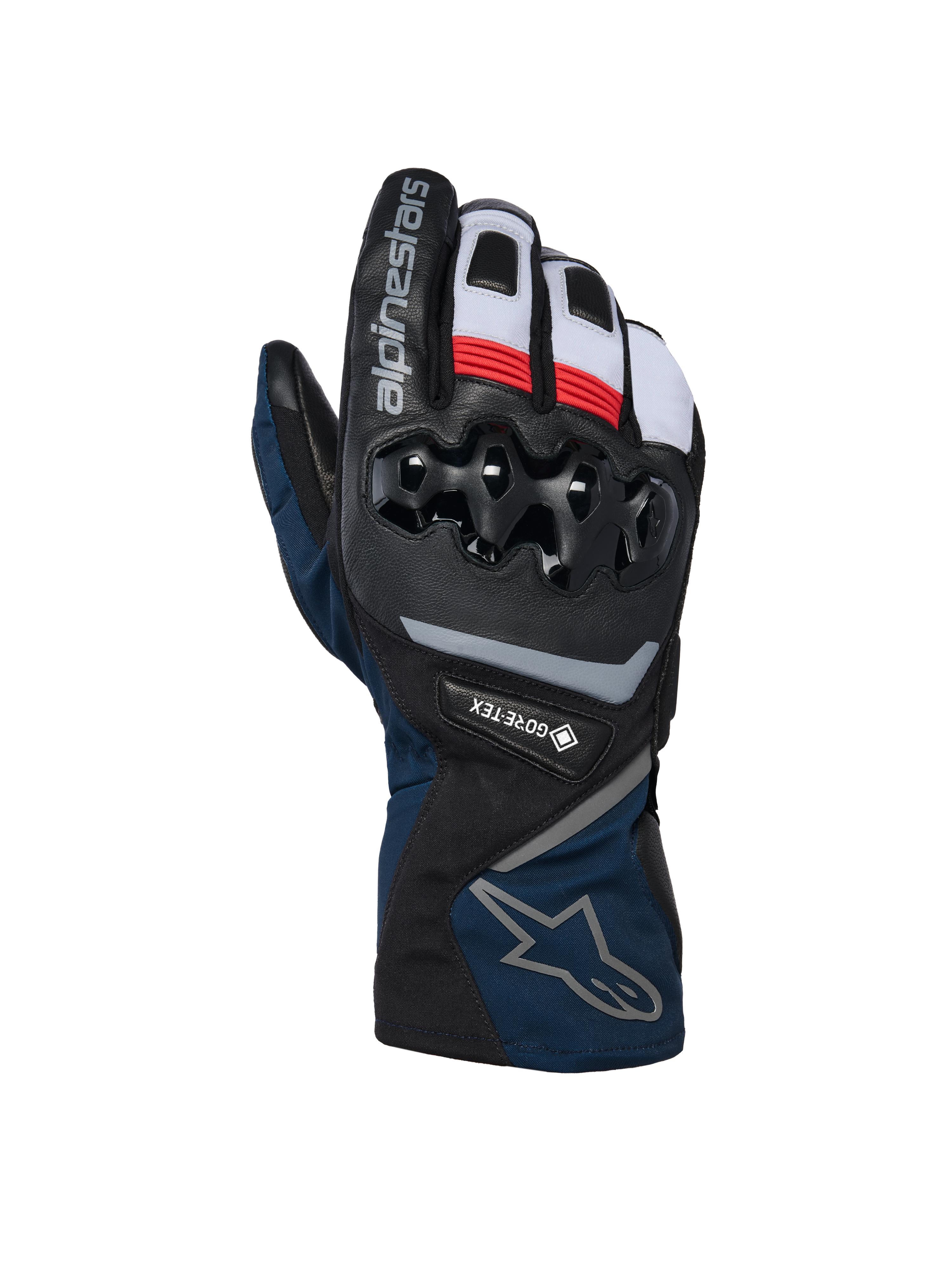 Alpinestars WT-8 GORE-TEX isolerade handskar, motorcykelhandskar för vinterbruk, svarta och mörkblå med röda och vita detaljer, med hårt TPU-knogskydd, GORE-TEX-logotyp och design med lång manschett.